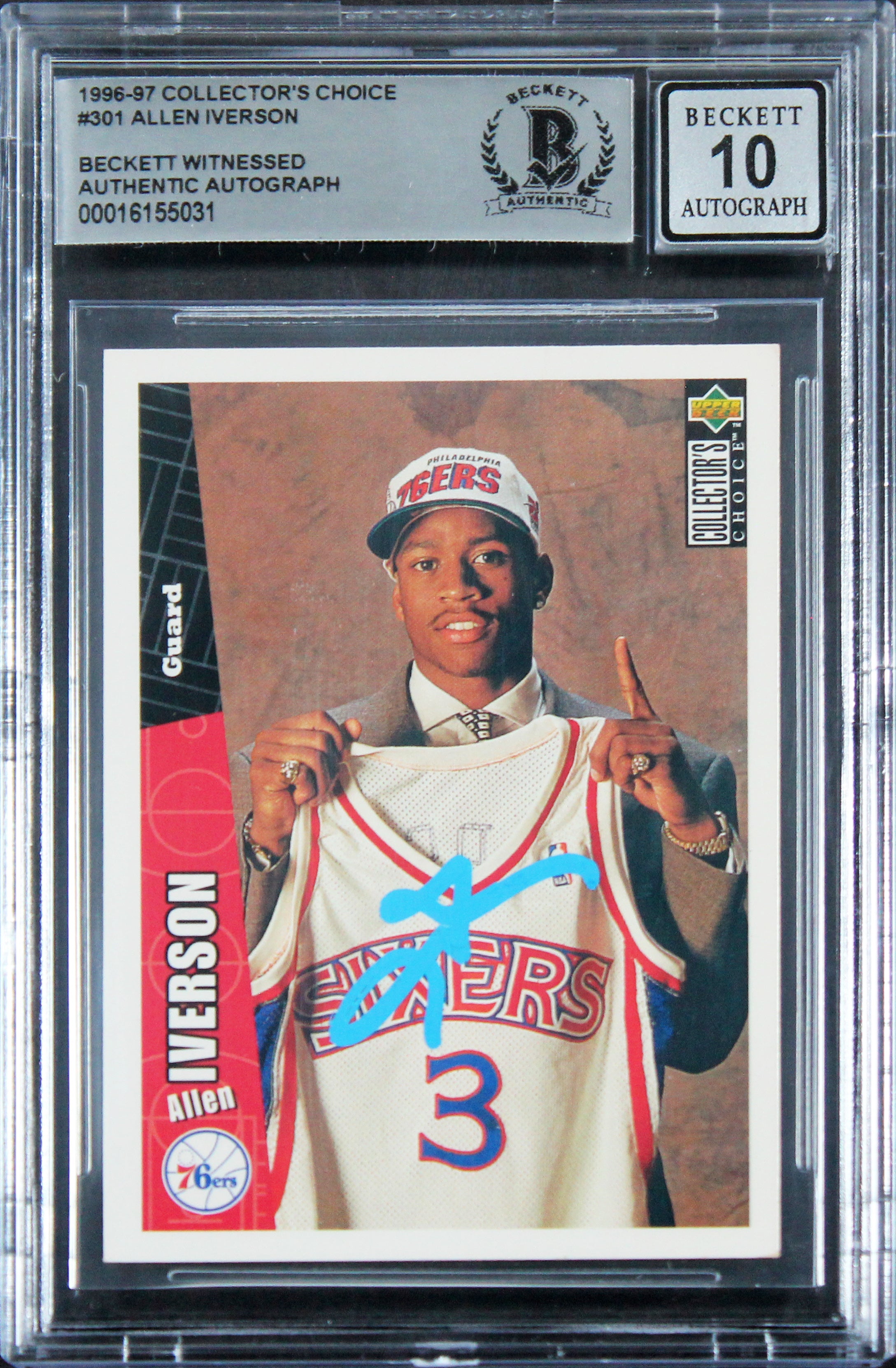 76ers Allen Iverson Signed 1996 Collector's Choice #301 RC Auto 10! BAS Slab 2