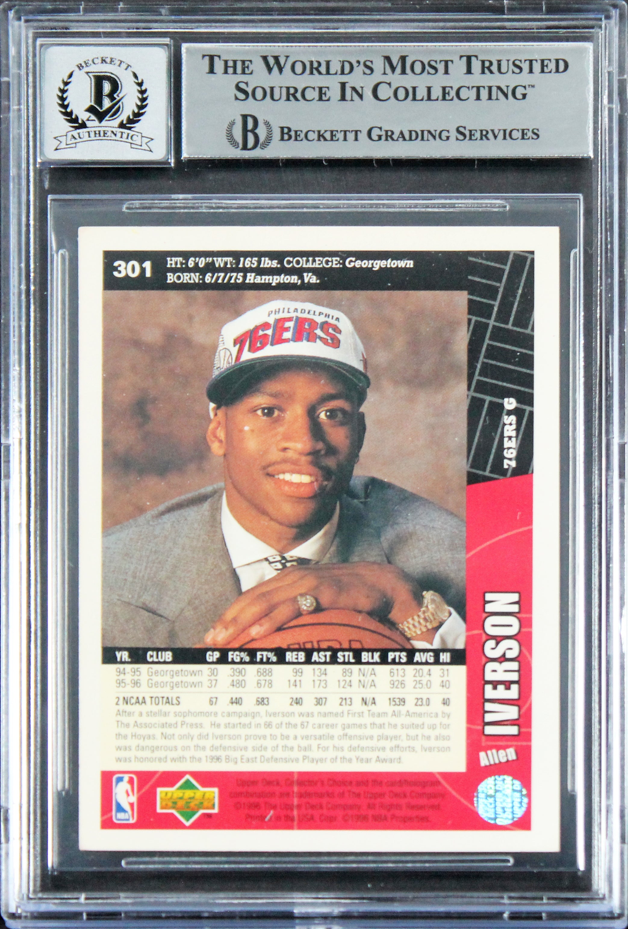 76ers Allen Iverson Signed 1996 Collector's Choice #301 RC Auto 10! BAS Slab 2
