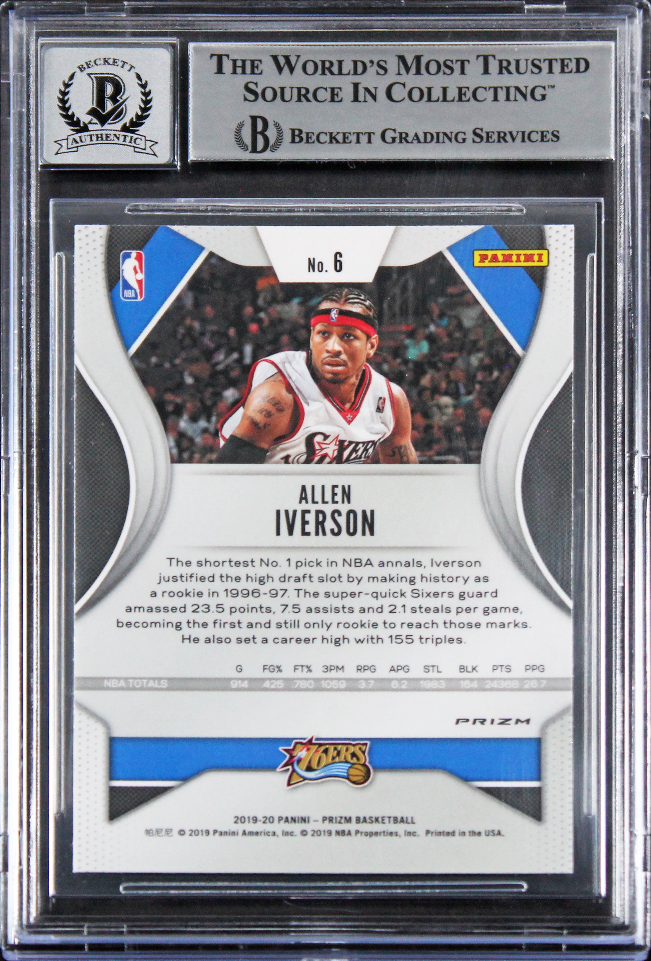 76ers Allen Iverson Signed 2019 Panini Prizm Silver #6 Card Auto 10! BAS Slabbed