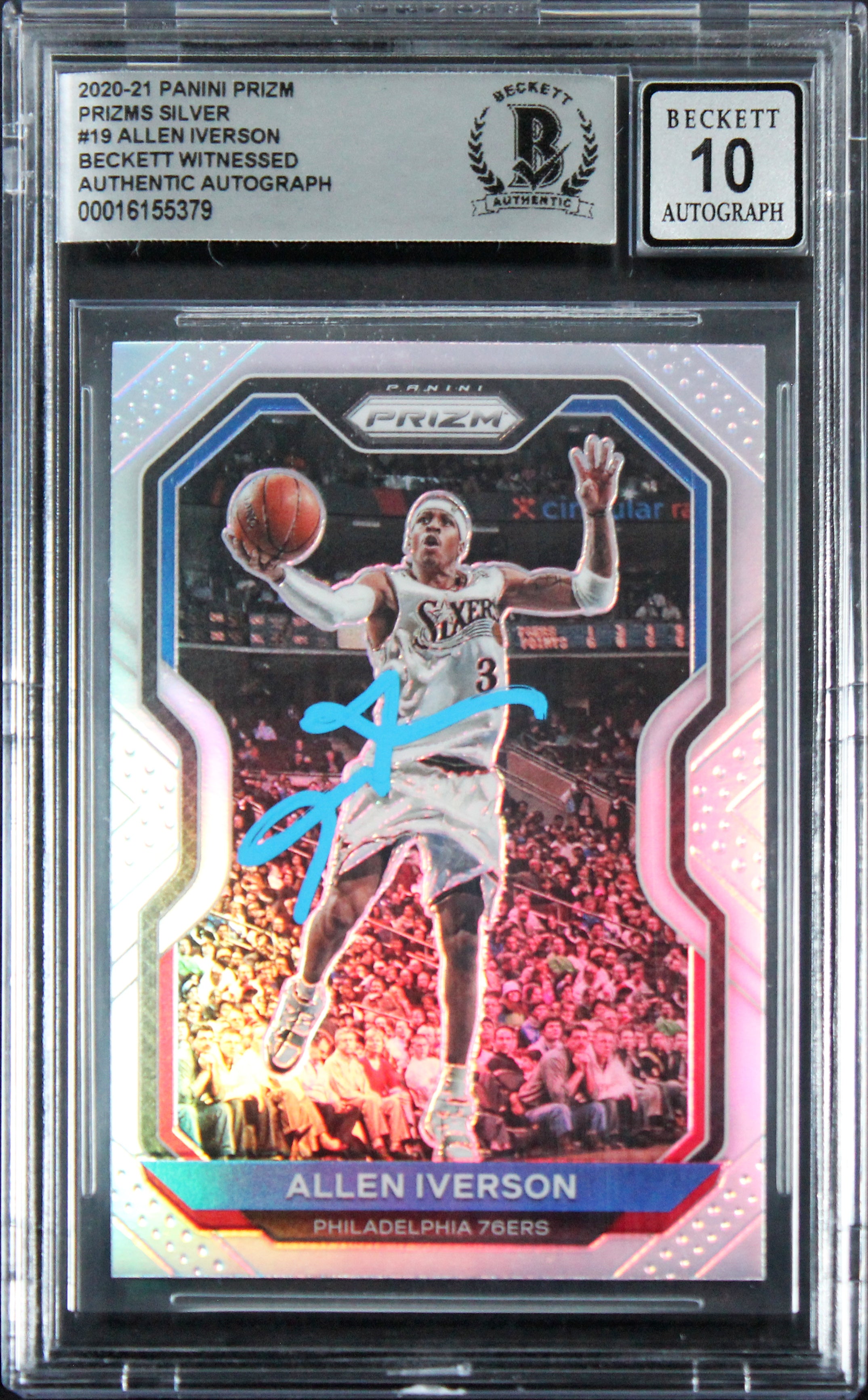 76ers Allen Iverson Signed 2020 Panini Prizm Silver #19 Card Auto 10! BAS Slab