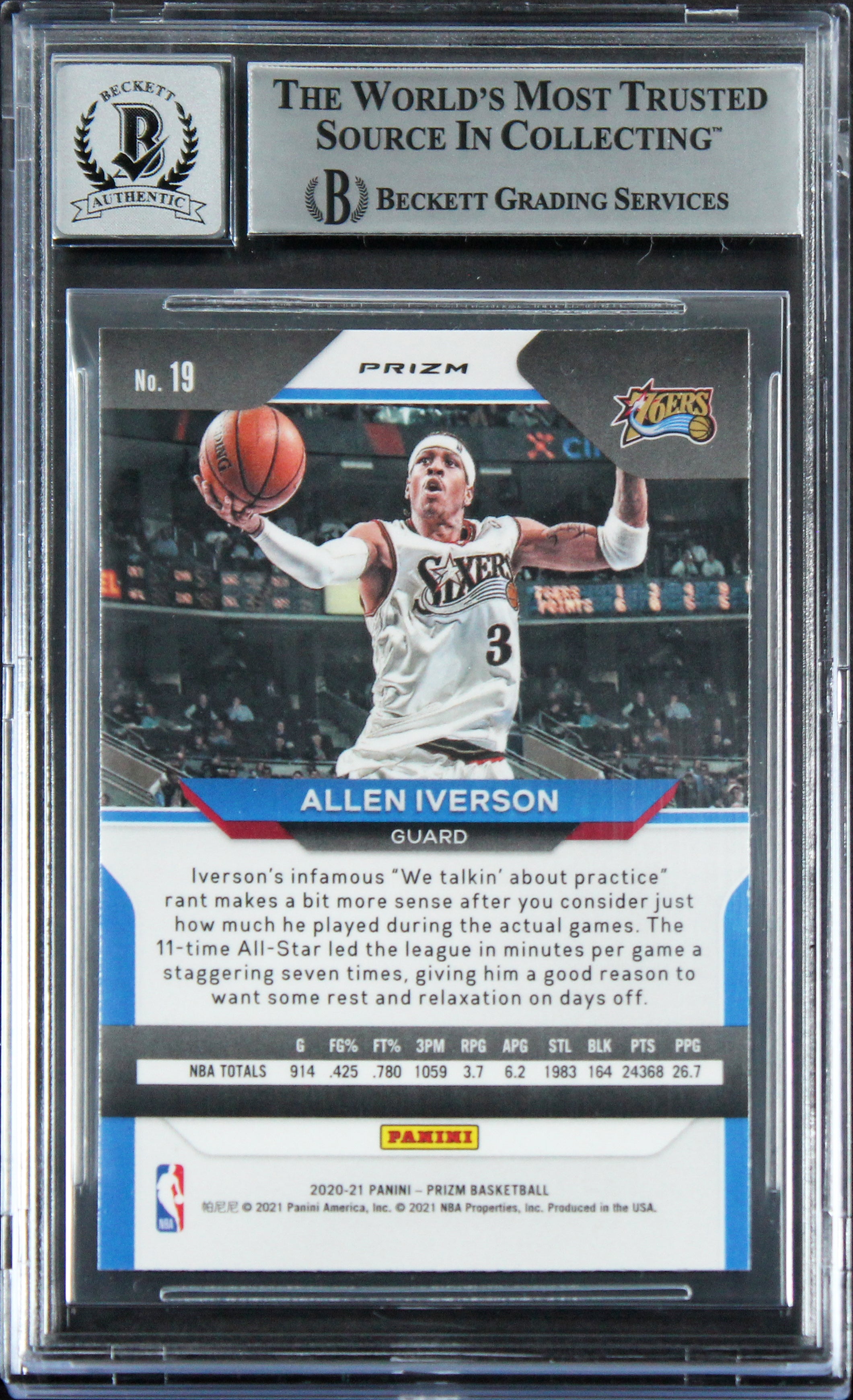 76ers Allen Iverson Signed 2020 Panini Prizm Silver #19 Card Auto 10! BAS Slab