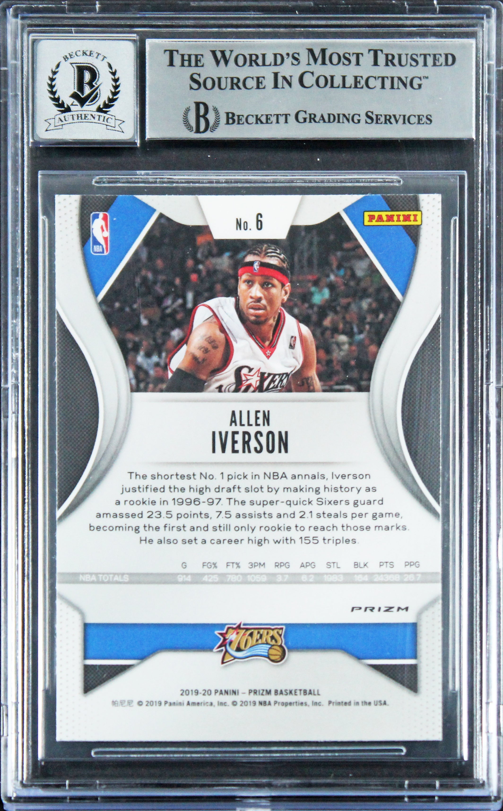 76ers Allen Iverson Signed 2019 Panini Prizm RW&B #6 Card Auto 10! BAS Slabbed