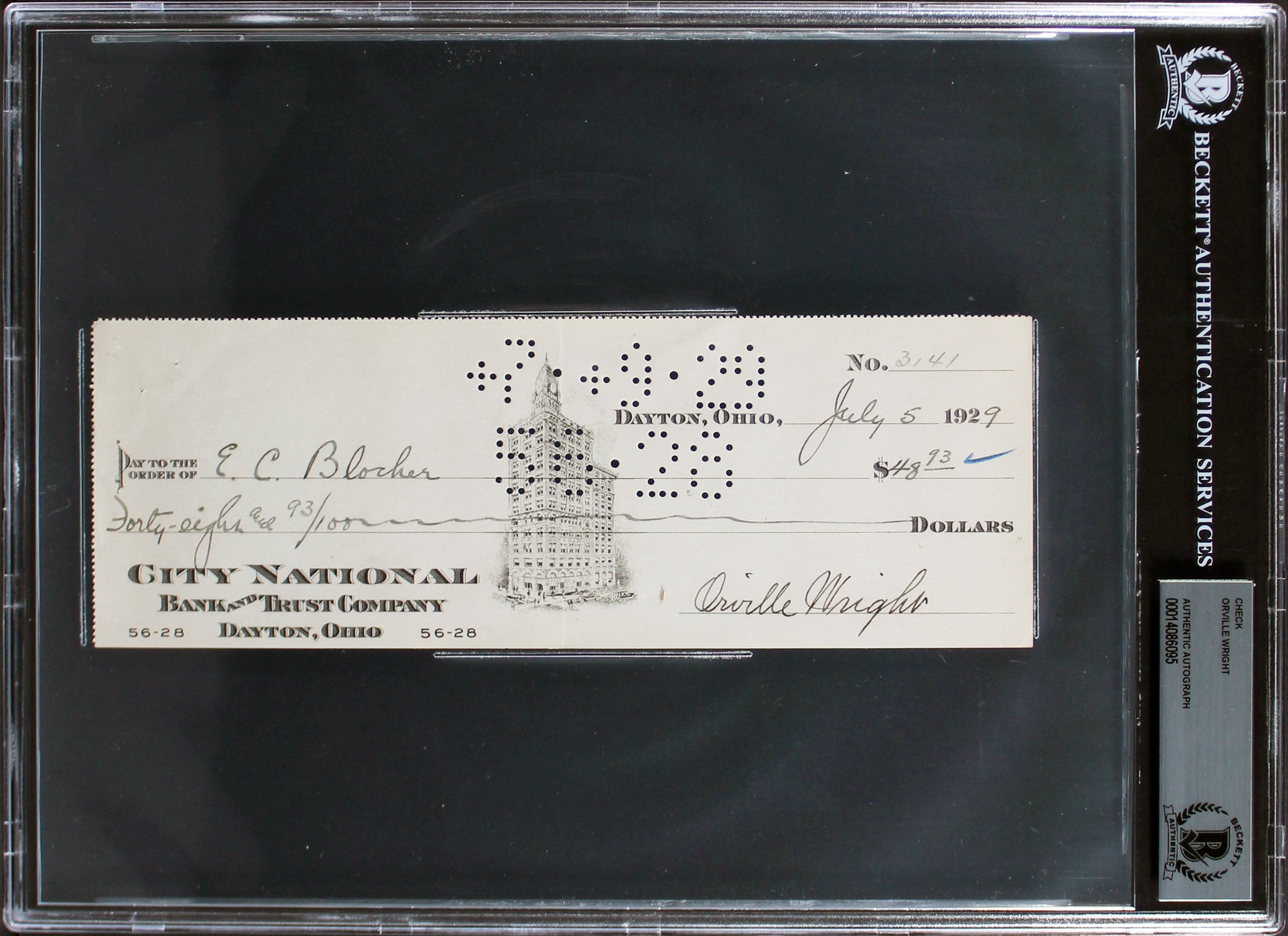 Orville Wright Authentic Signed 3.1x8.9 1929 Check Dated Auto 9! BAS Slabbed