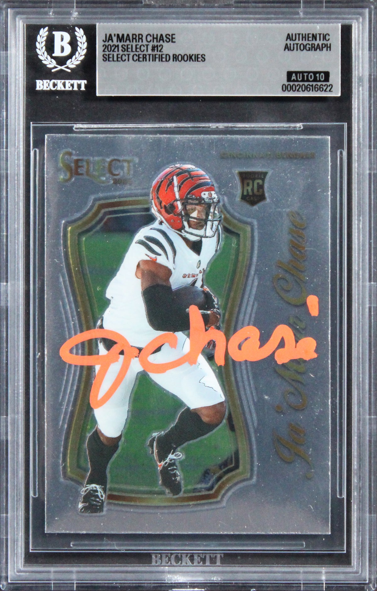 Ja'Marr Chase Signed 2021 Select Certified Rookies #12 RC Card Auto 10! BAS Slab