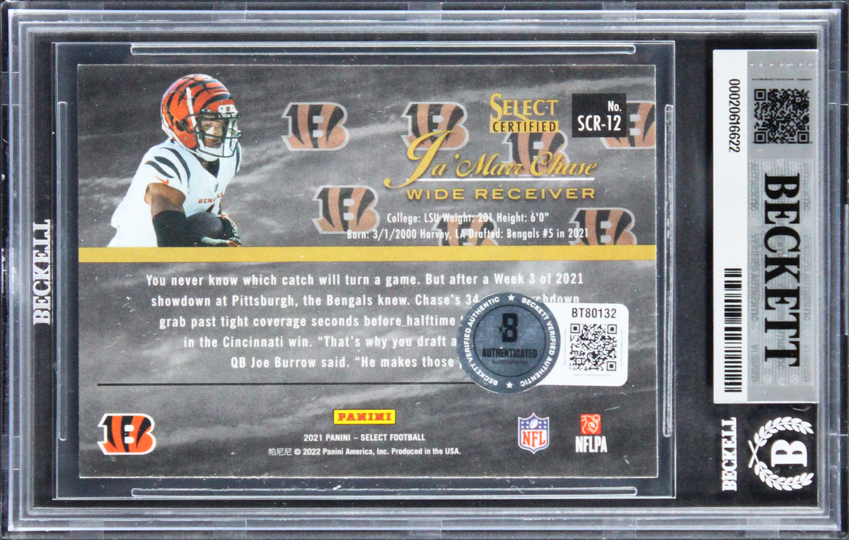 Ja'Marr Chase Signed 2021 Select Certified Rookies #12 RC Card Auto 10! BAS Slab