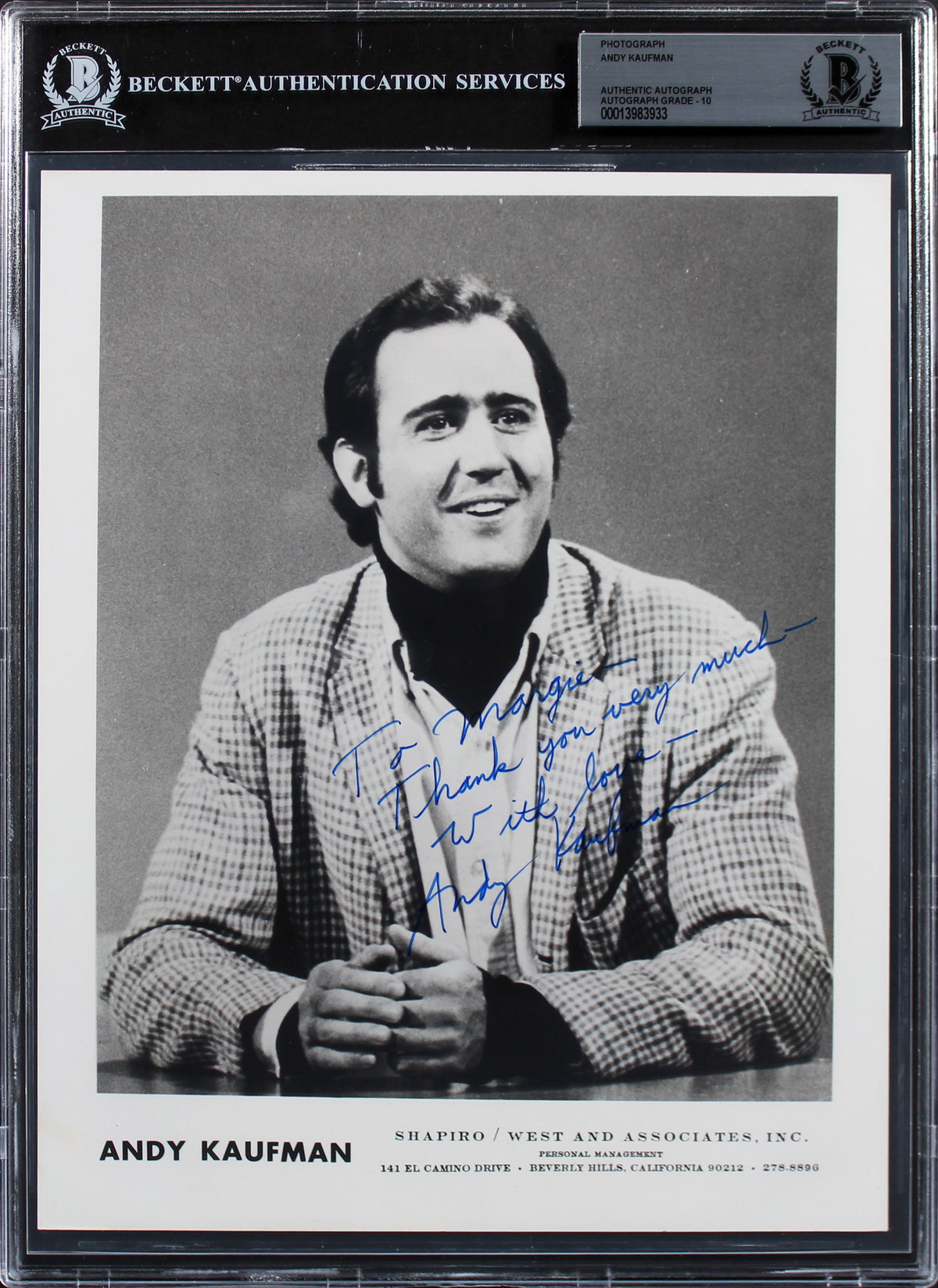 Andy Kaufman "Thank you very much" Signed 8x10 B&W Photo Auto Graded 10 BAS Slab