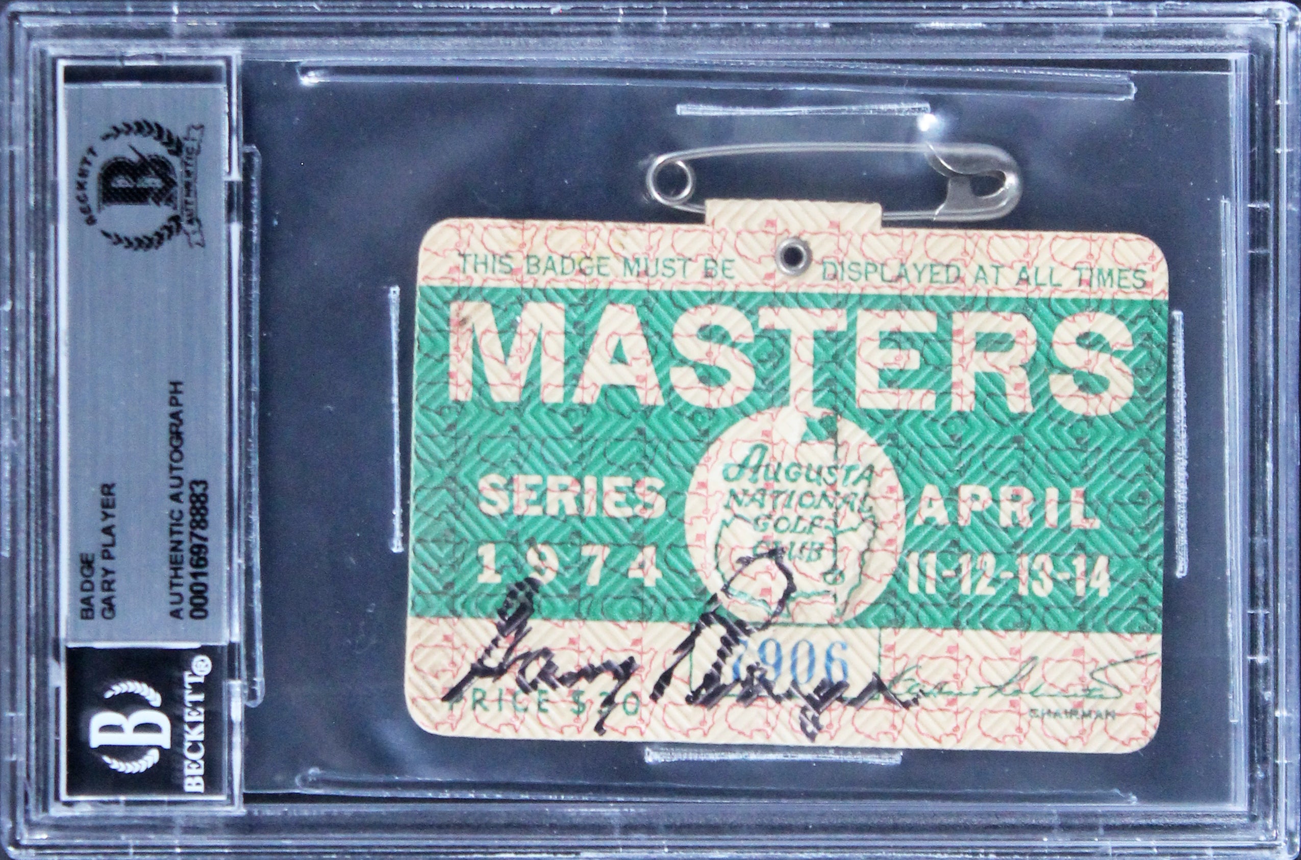 Gary Player Signed 1974 Masters Augusta National Club Badge Ticket BAS Slabbed