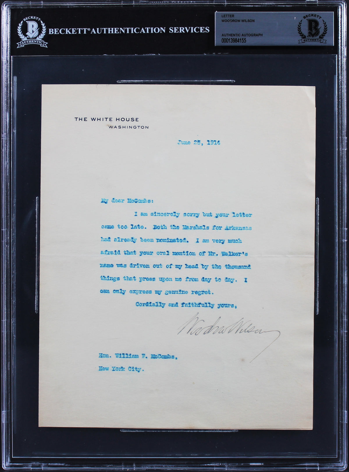 Woodrow Wilson Signed 7x8.75 1915 Letter On White House Letterhead BAS Slab 9