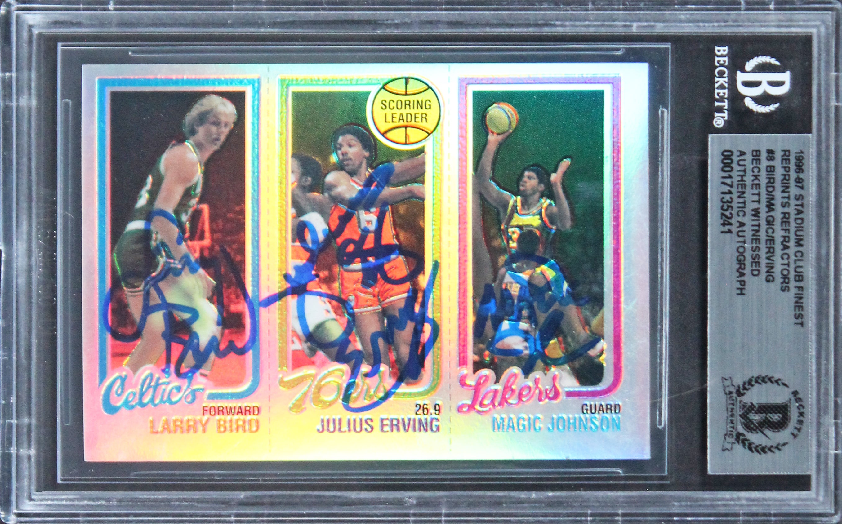 Bird, Erving & Magic Signed 1996 Stadium Club Refractors Card Autos 10 BAS Slab
