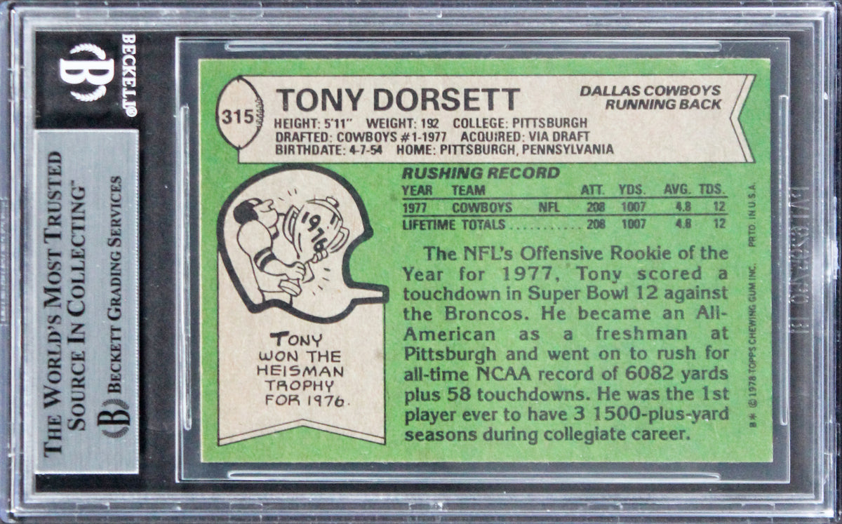 Cowboys Tony Dorsett "ROY 77, HOF 94" Signed 1978 Topps #315 RC Card BAS Slabbed