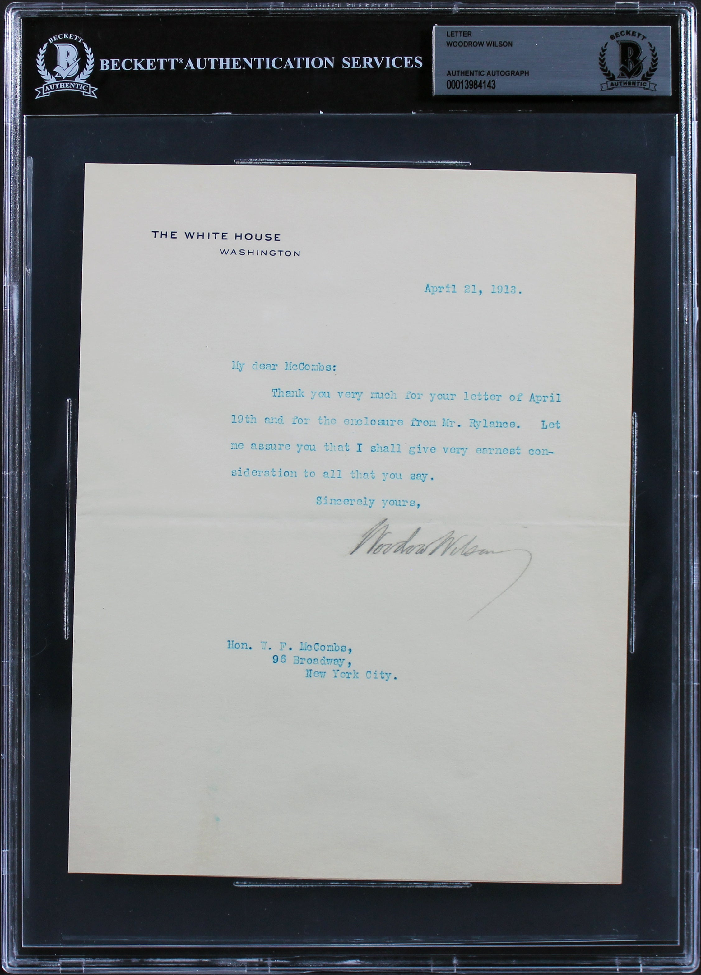 Woodrow Wilson Signed 7x8.75 1913 Letter On White House Letterhead BAS Slab