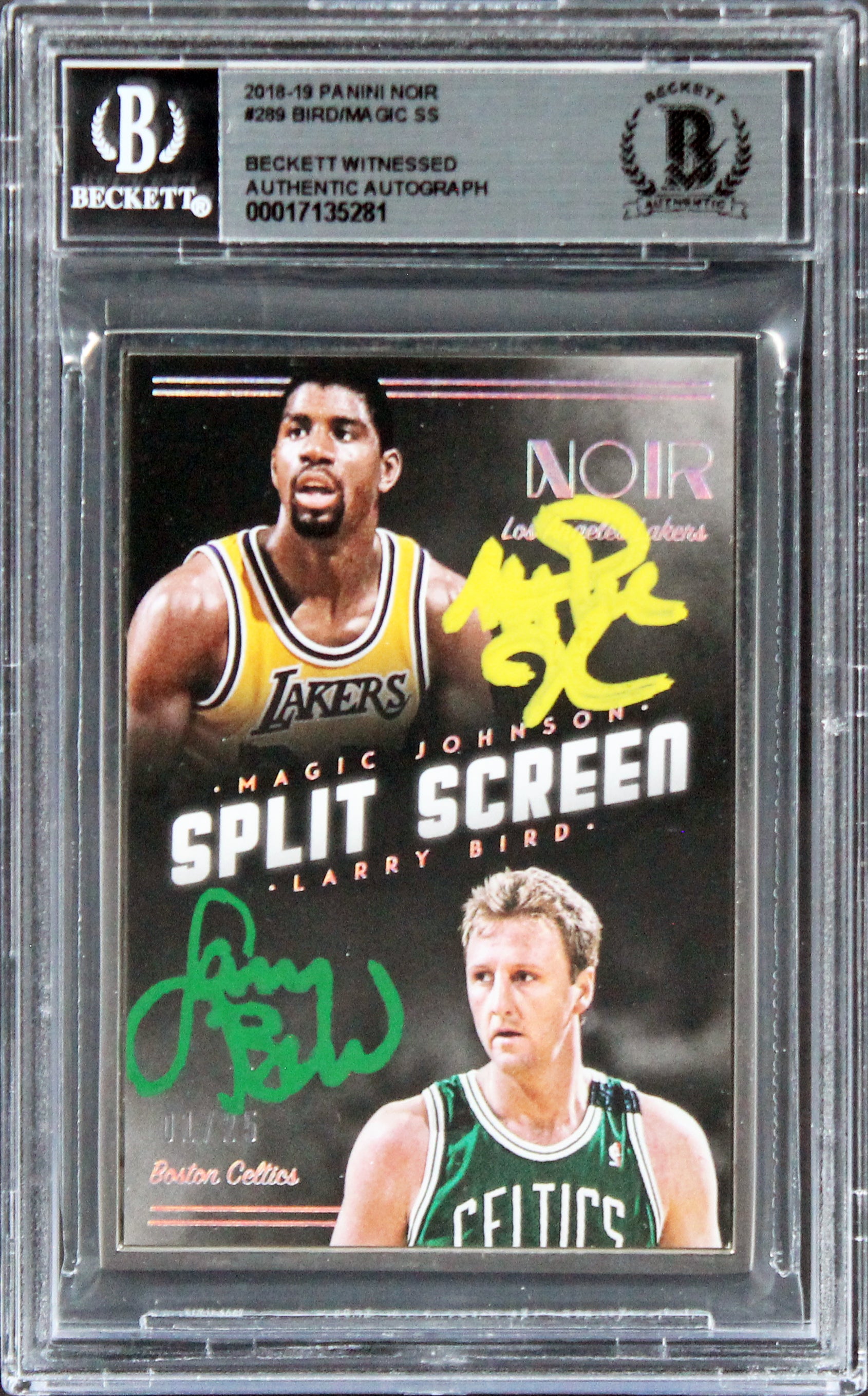 Larry Bird & Magic Johnson Signed 2018 Panini Noir #289 #01/25 Card BAS Slabbed