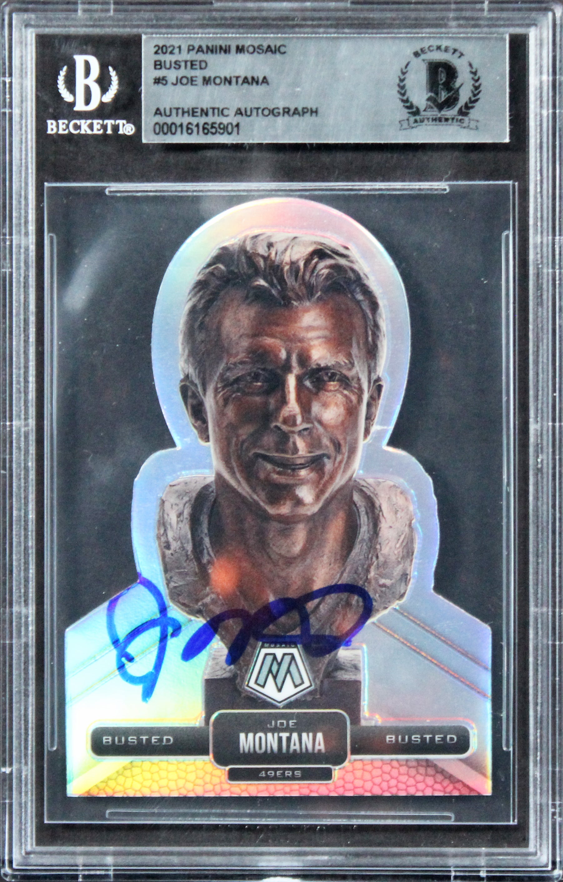 49ers Joe Montana Authentic Signed 2021 Panini Mosaic Busted #5 Card BAS Slabbed