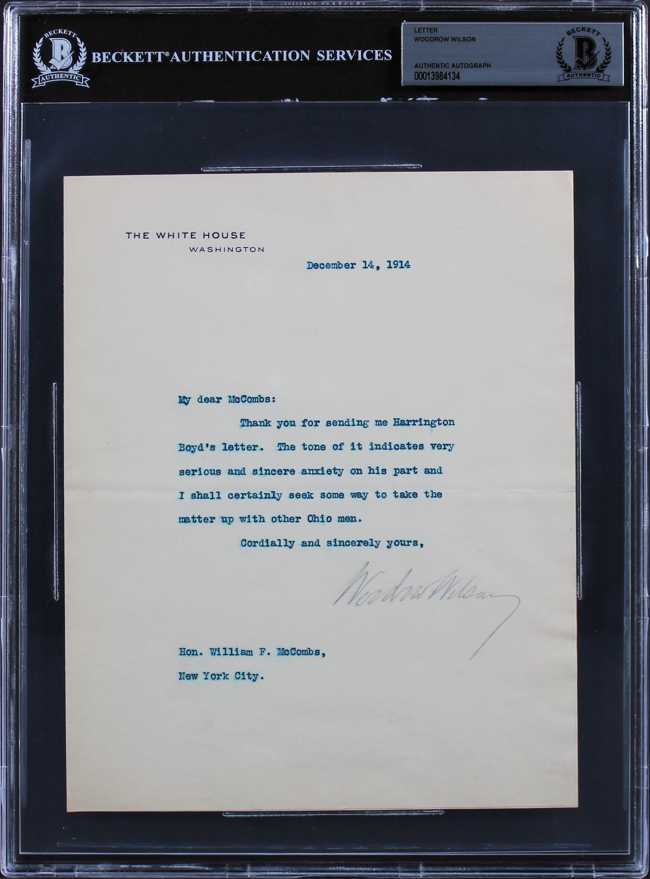 Woodrow Wilson Signed 7x8.75 1914 Letter On White House Letterhead BAS Slab