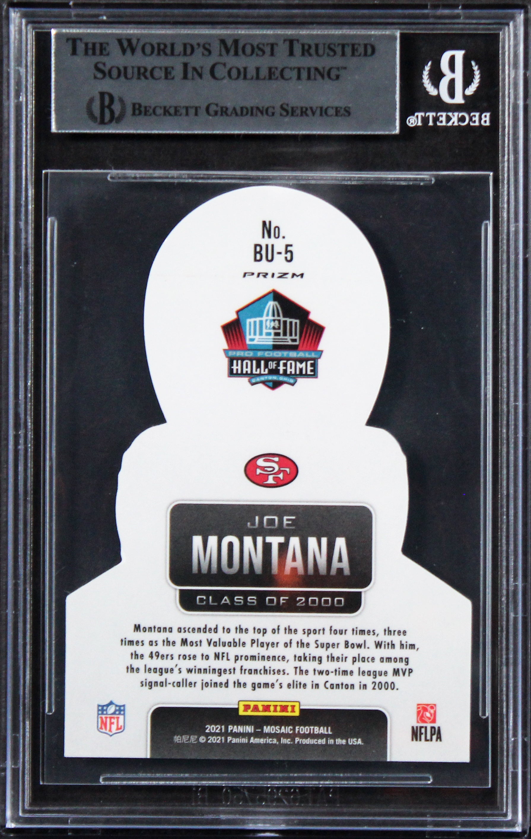 49ers Joe Montana Authentic Signed 2021 Panini Mosaic Busted #5 Card BAS Slabbed