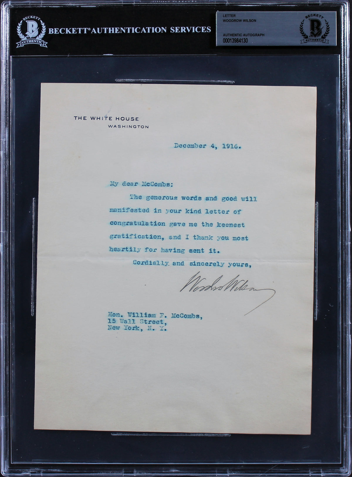 Woodrow Wilson Signed 7x8.75 1916 Letter On White House Letterhead BAS Slab