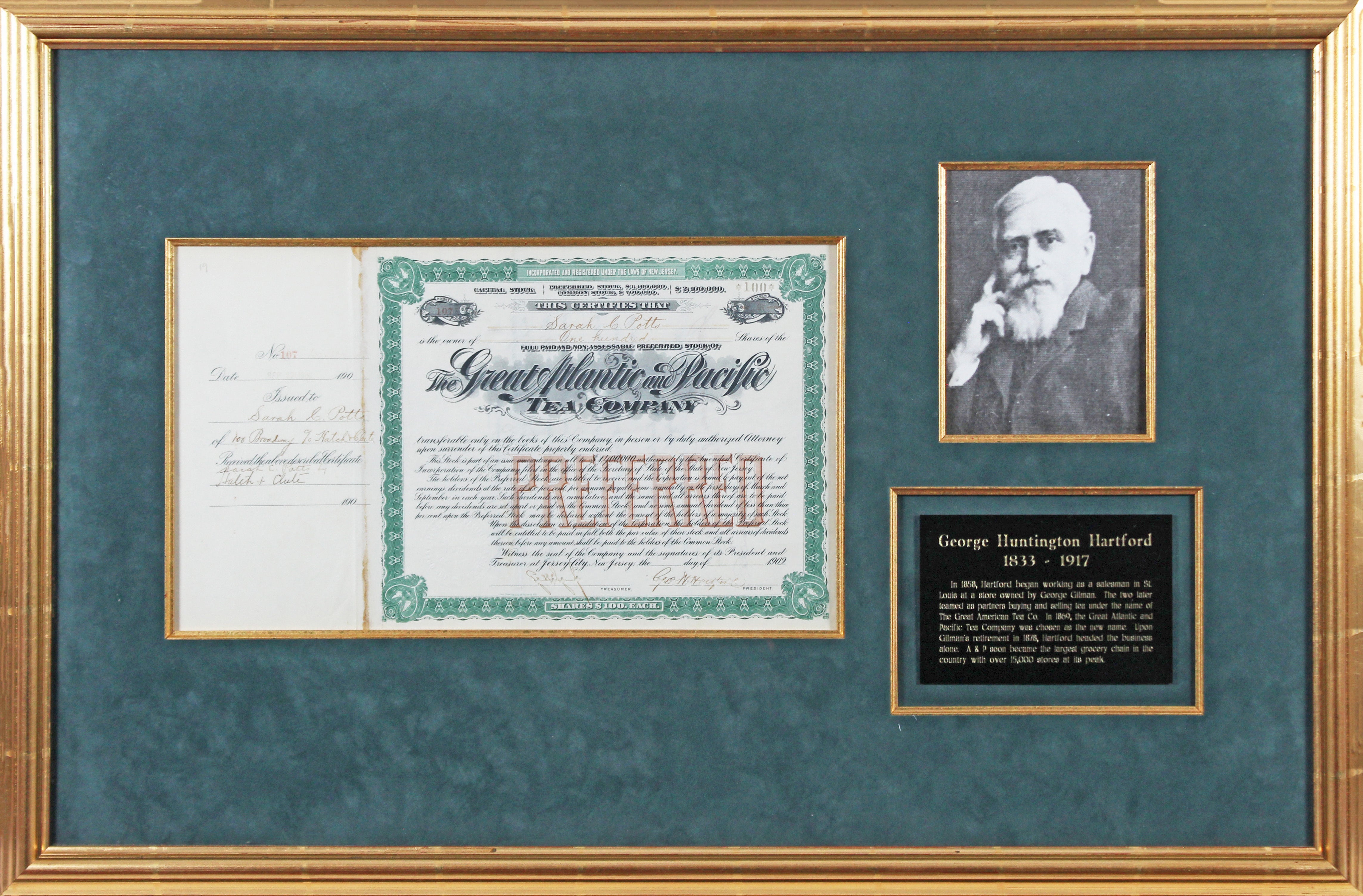 George Huntington Hartford Signed & Framed 9.5x16 Stock Certificate BAS #AD64290