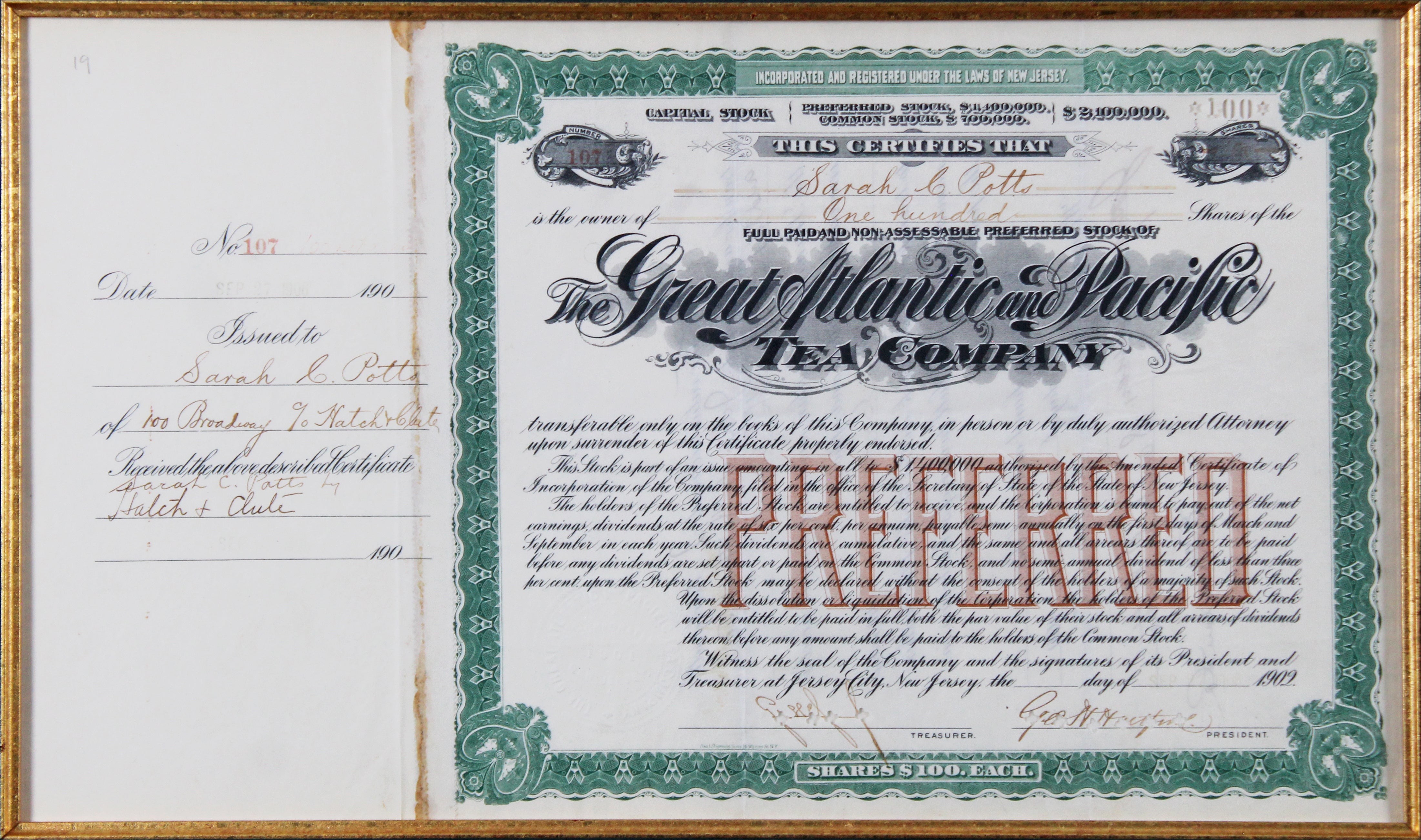 George Huntington Hartford Signed & Framed 9.5x16 Stock Certificate BAS #AD64290