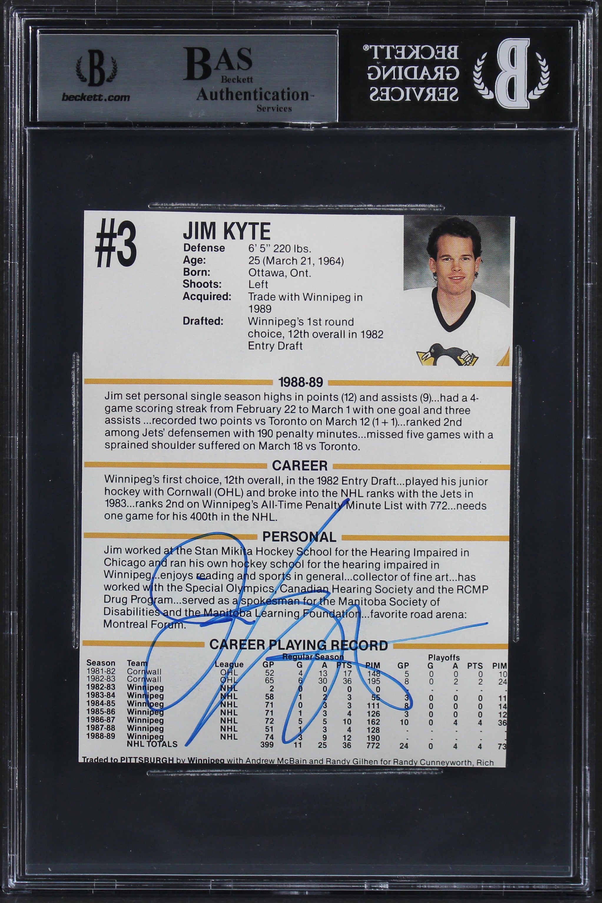 Penguins Mario Lemieux & Jim Kyte Authentic Signed 4.25x5.5 Cut Sig BAS Slabbed