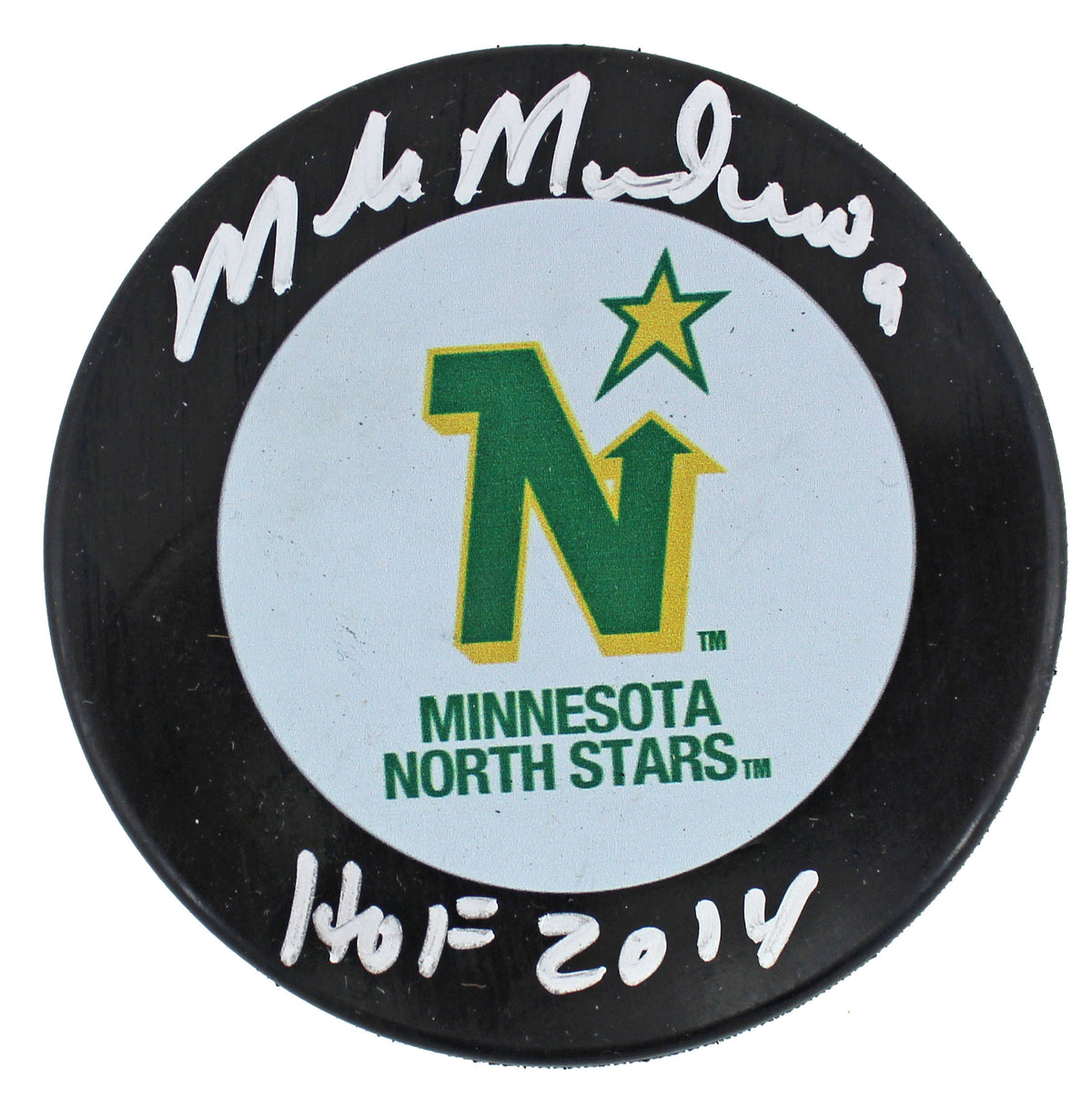 North Stars Mike Modano "HOF 2014" Authentic Signed Logo Hockey Puck BAS Witness