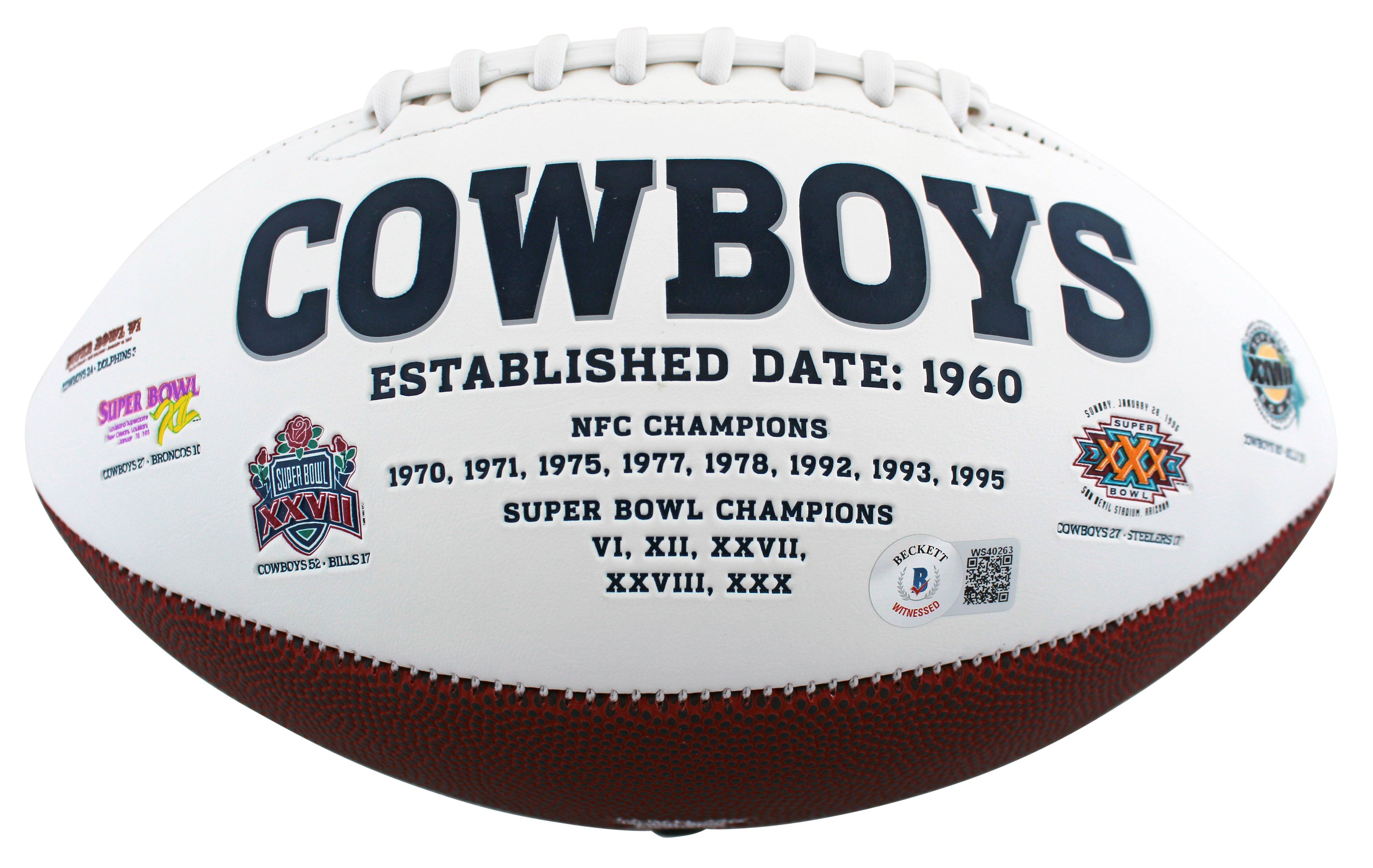 Cowboys Deion Sanders Authentic Signed White Panel Logo Football BAS Witnessed