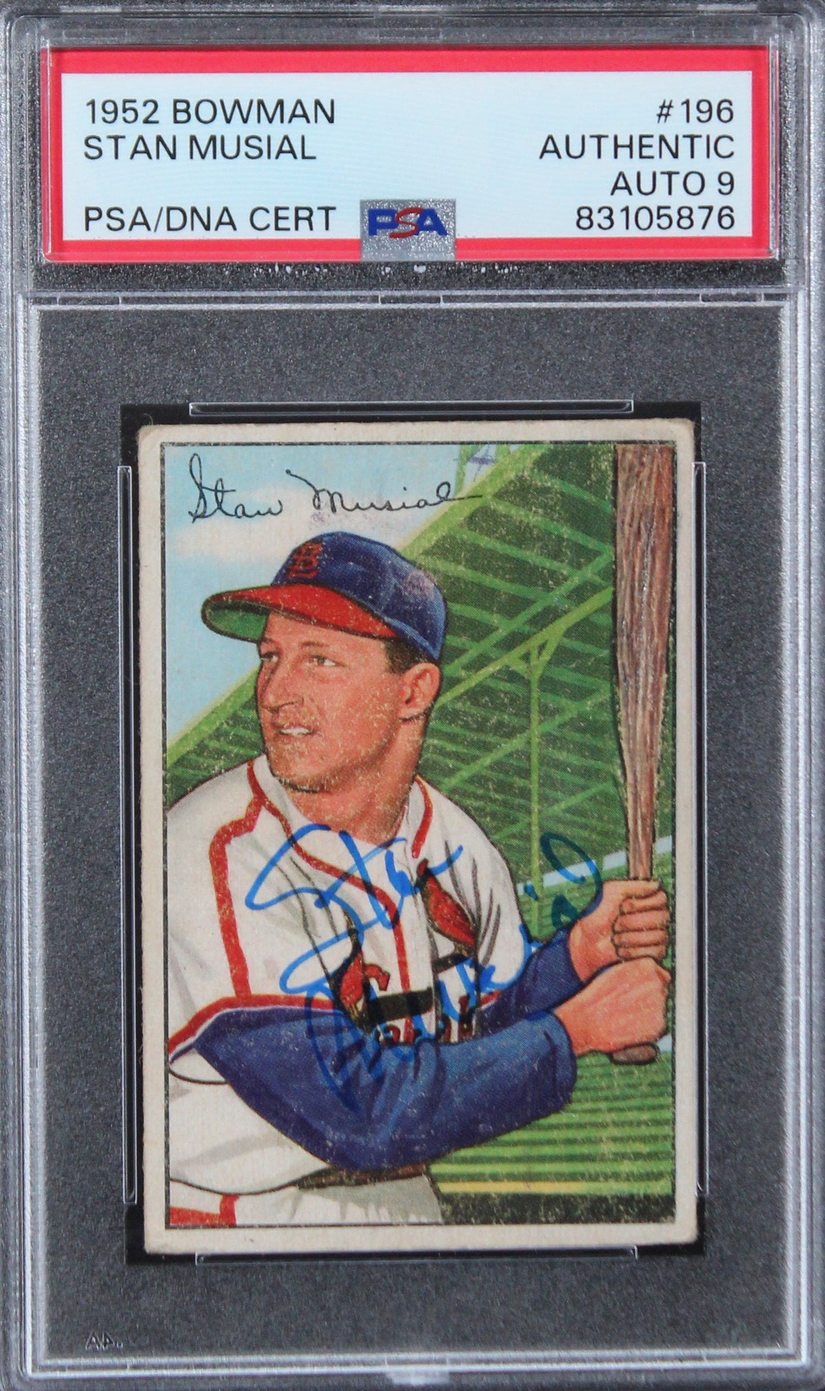 Cardinals Stan Musial Signed 1952 Bowman #196 Card Auto Graded 9! PSA Slabbed