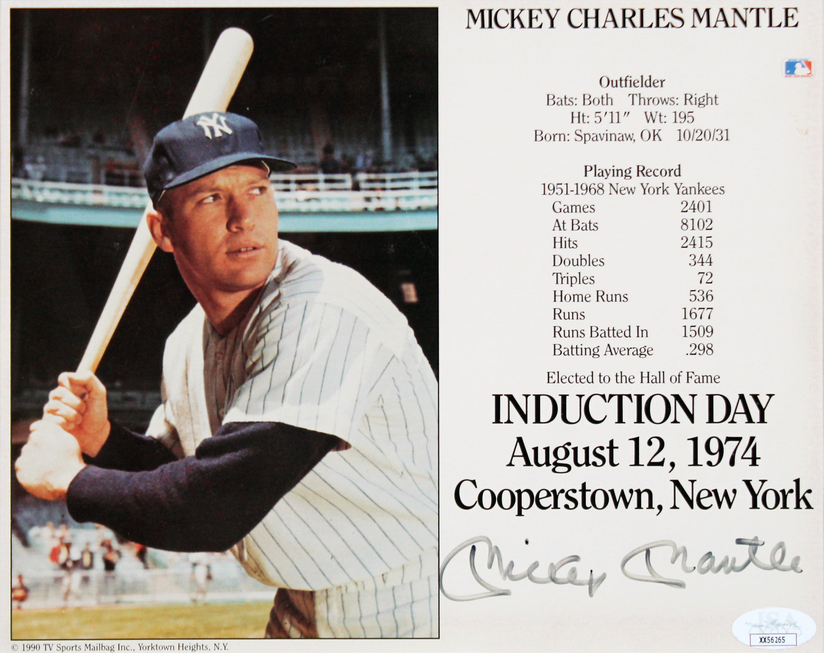 Yankees Mickey Mantle Signed 8x10 Framed Induction Day Stat Photo JSA #XX56265