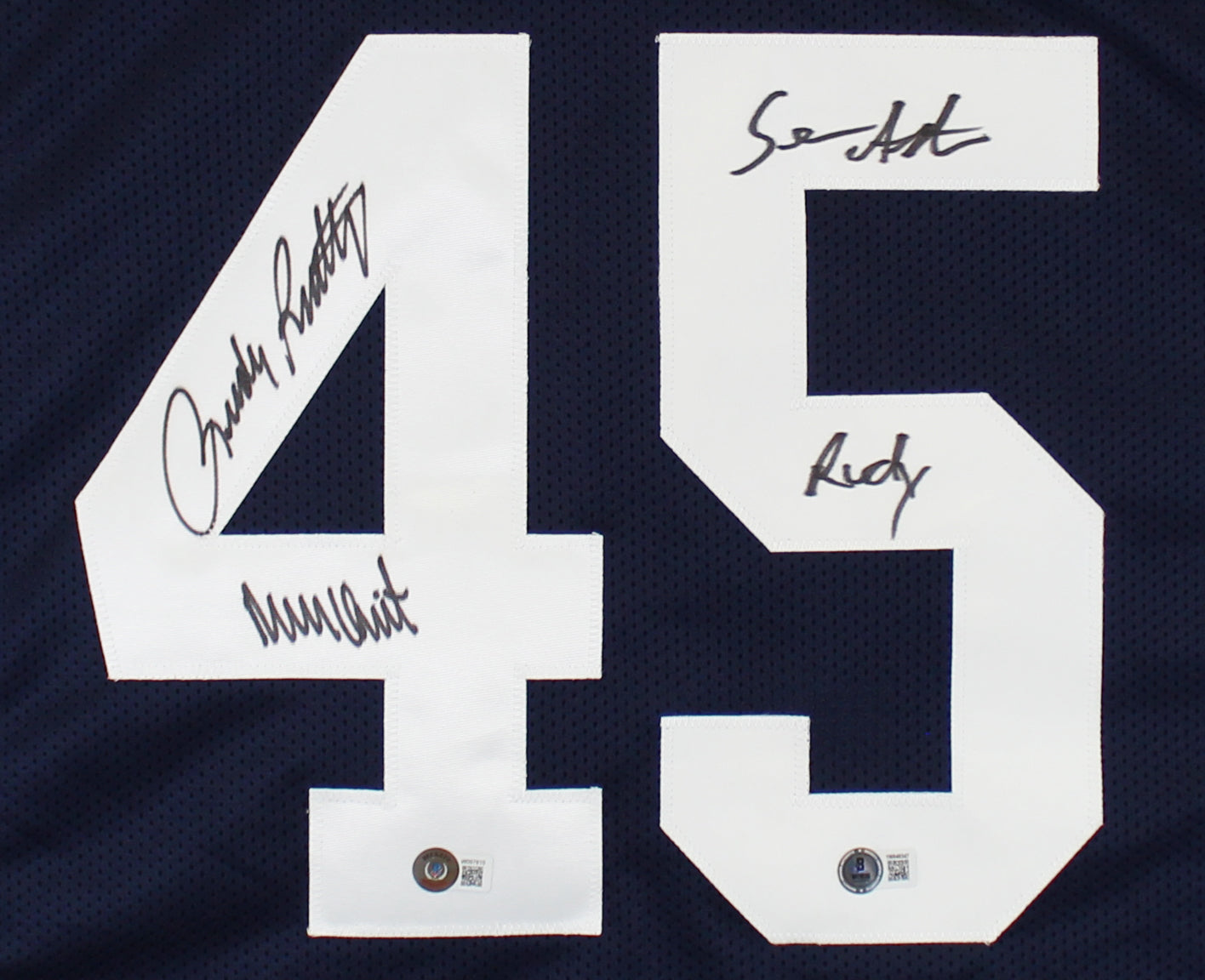 ** HOLIDAY DOORBUSTER ** Notre Dame Rudy Ruettiger & Sean Astin Signed Navy Pro Style Jersey BAS Witness