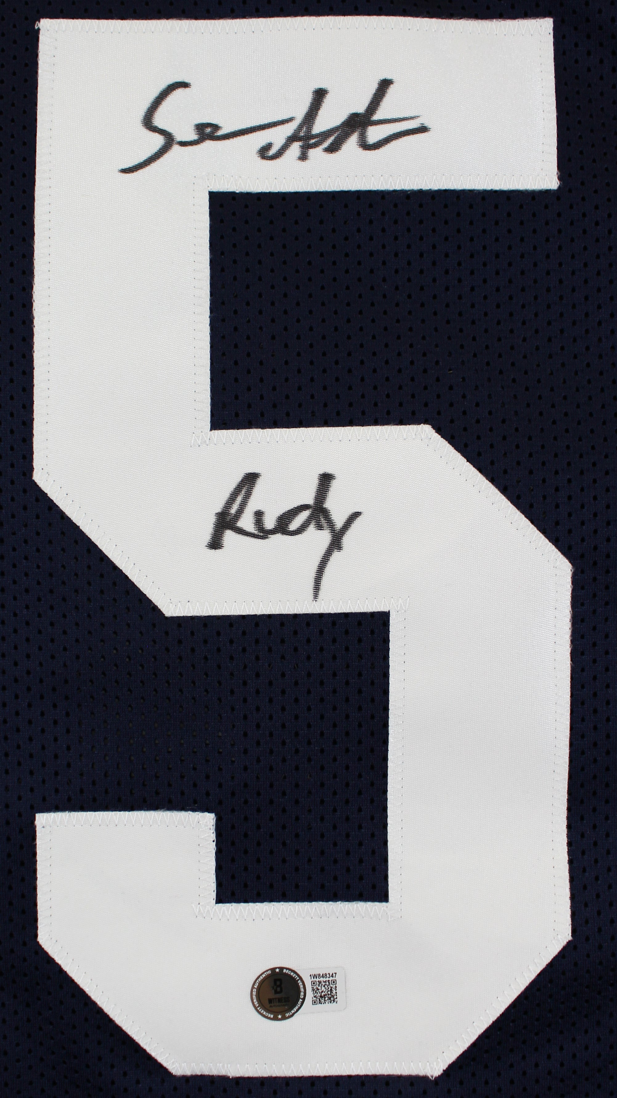 ** HOLIDAY DOORBUSTER ** Notre Dame Rudy Ruettiger & Sean Astin Signed Navy Pro Style Jersey BAS Witness