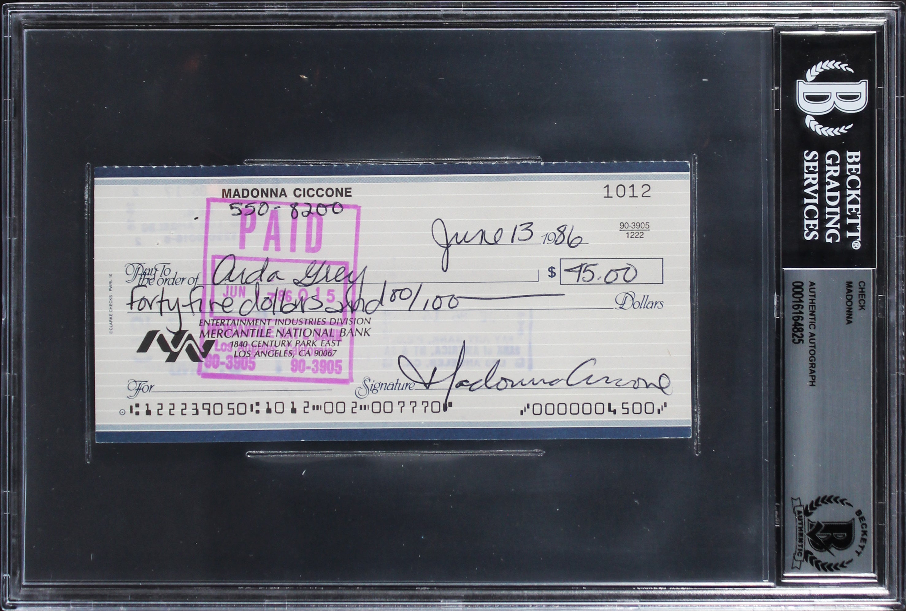 Madonna Authentic Signed 2.75x6 1986 Personal Check To Aida GreyBAS Slabbed