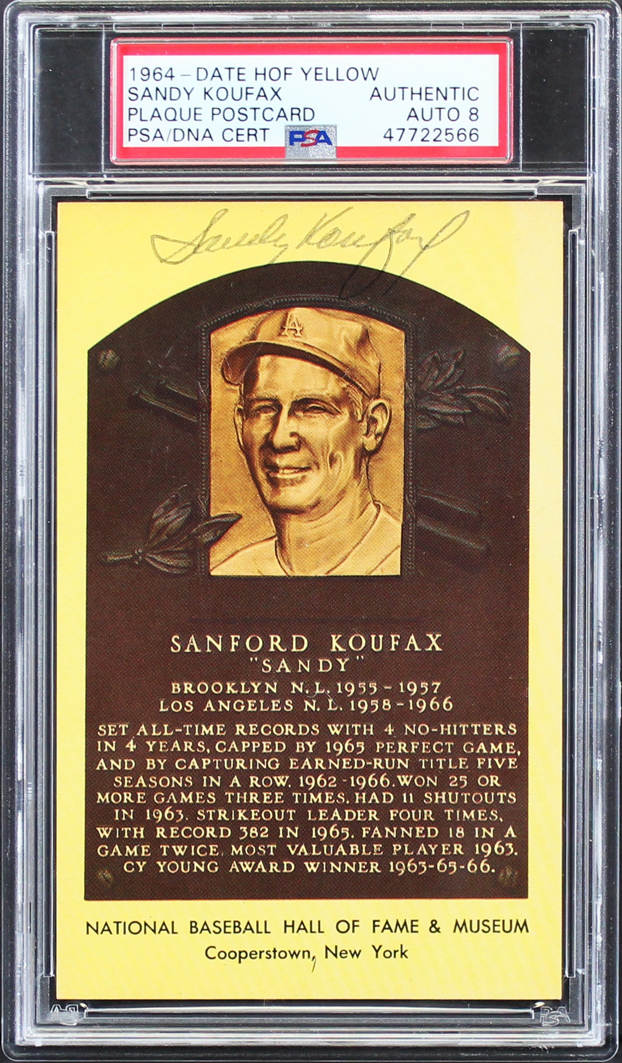Dodgers Sandy Koufax Signed 1964 - HOF Yellow 3.35x5.25 Postcard Auto 8 PSA Slab
