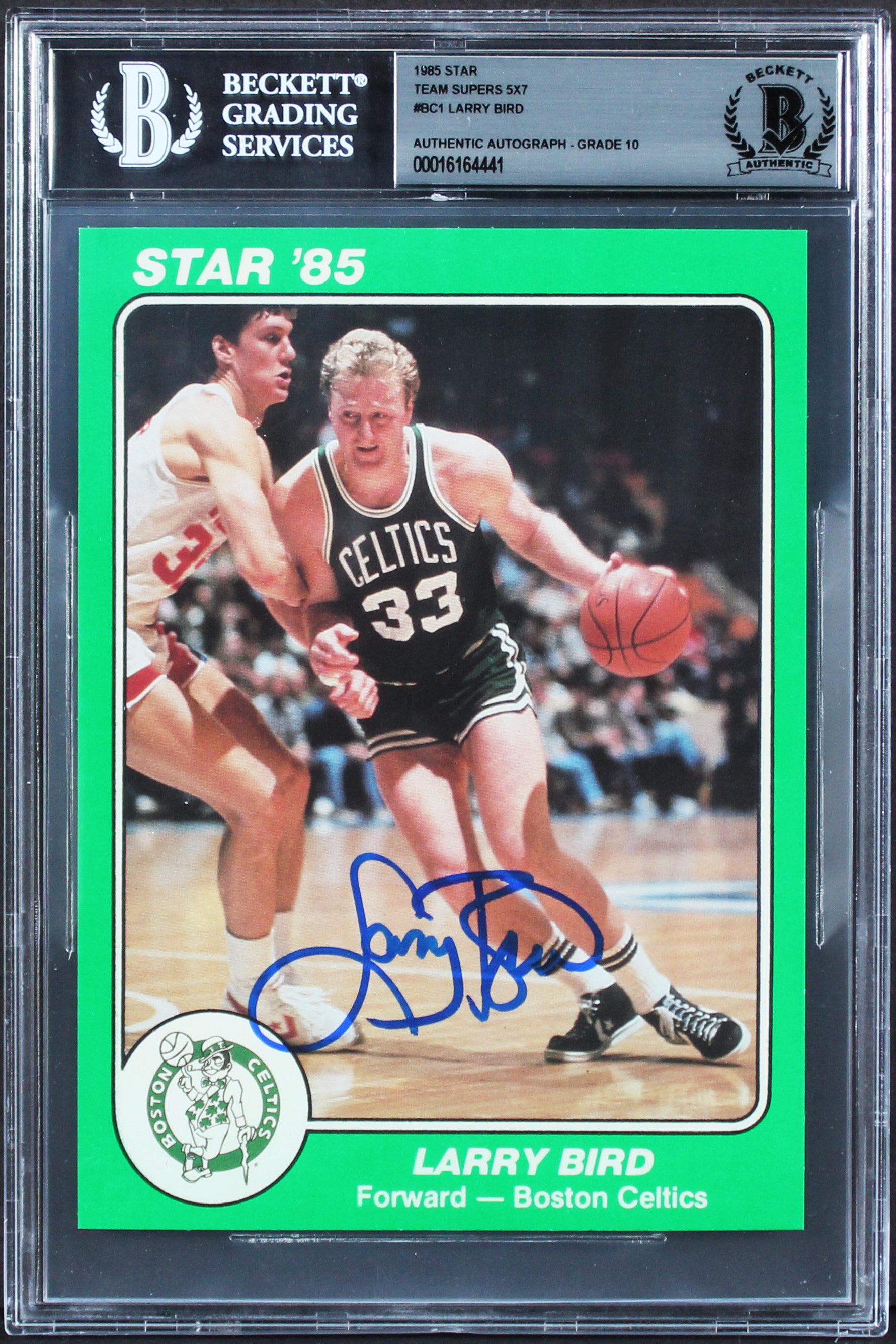 Celtics Larry Bird Signed 1985 Star Team Supers 5x7 #BC1 Card Auto 10! BAS Slab