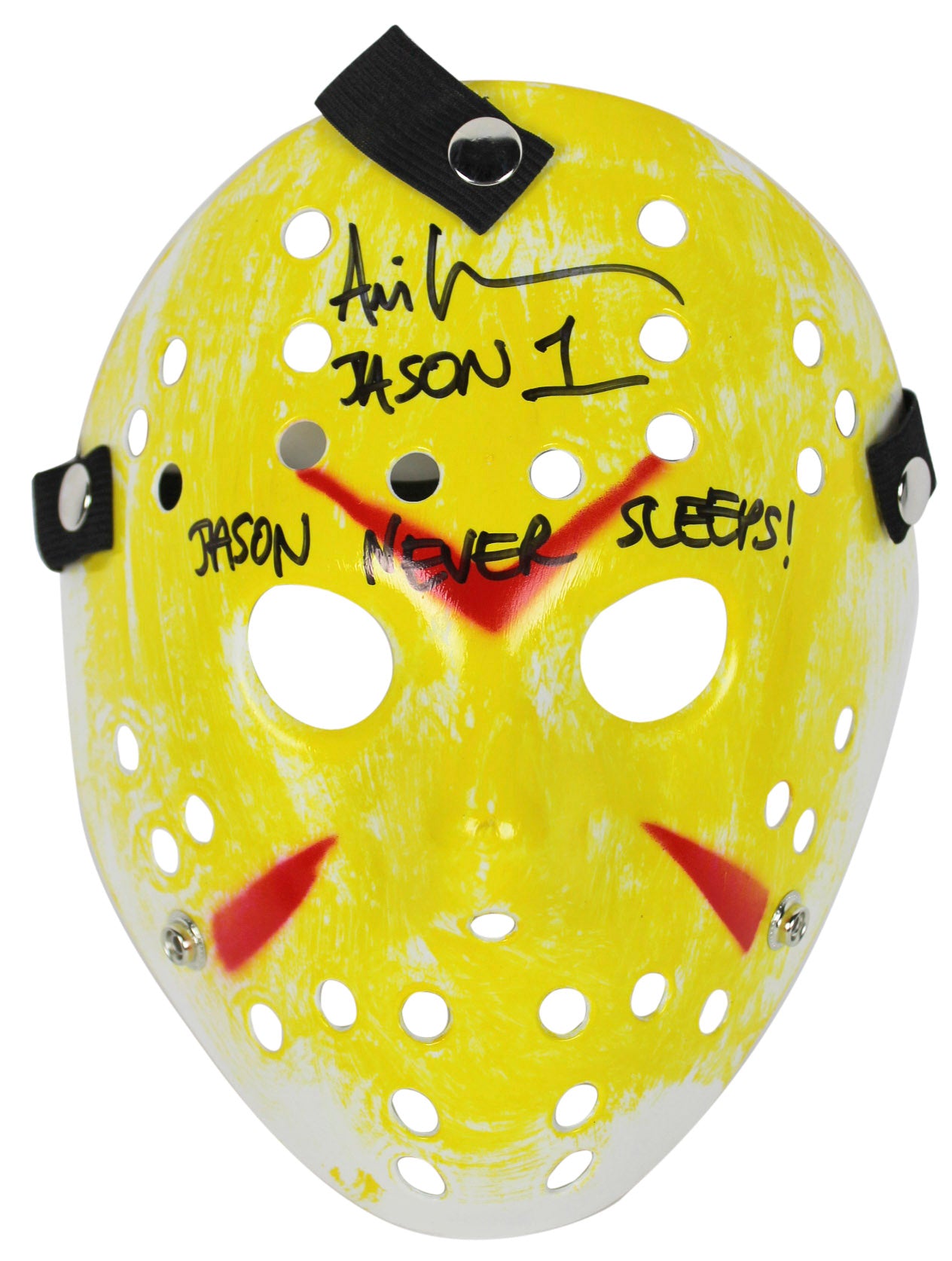 Ari Lehman Friday The 13th "Jason Never Sleeps!" Signed Yellow Jason Mask BAS