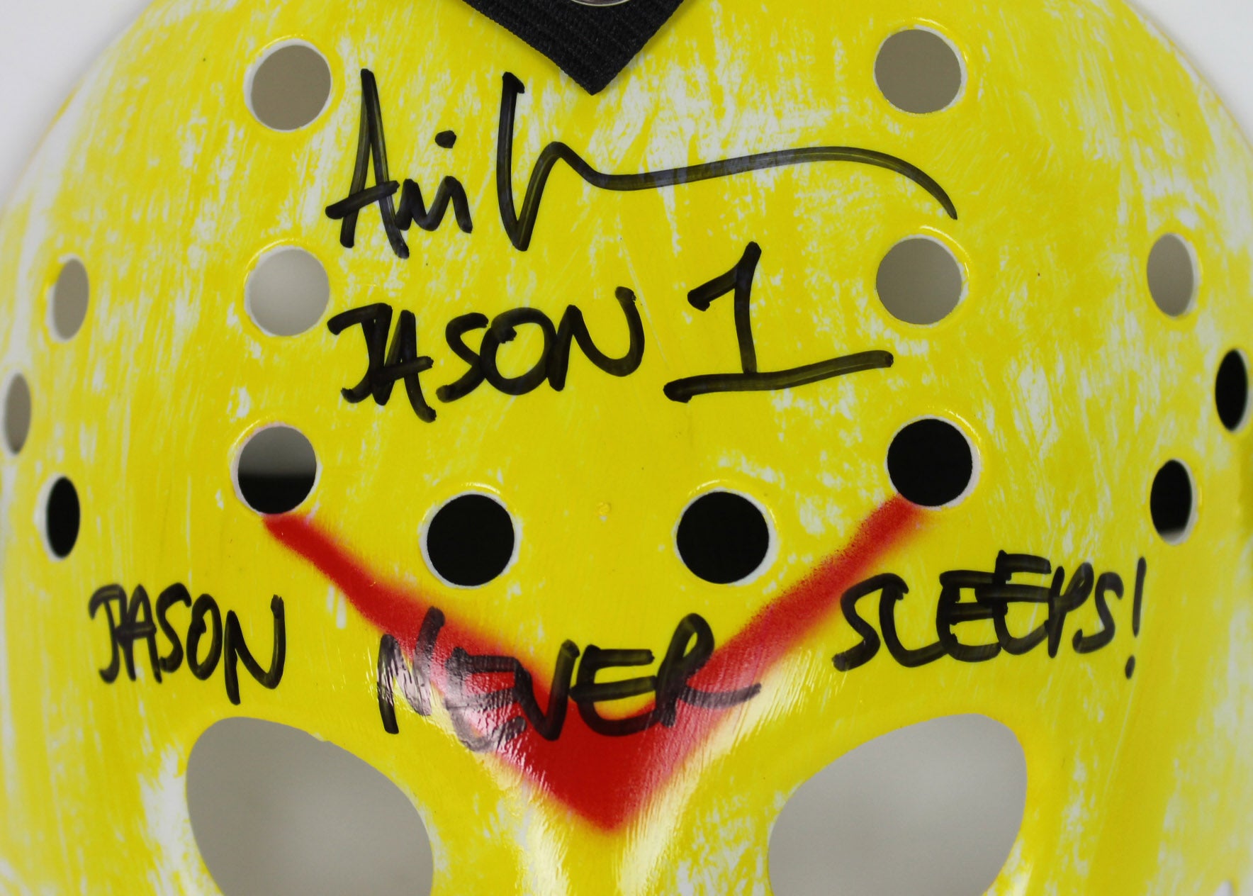 Ari Lehman Friday The 13th "Jason Never Sleeps!" Signed Yellow Jason Mask BAS