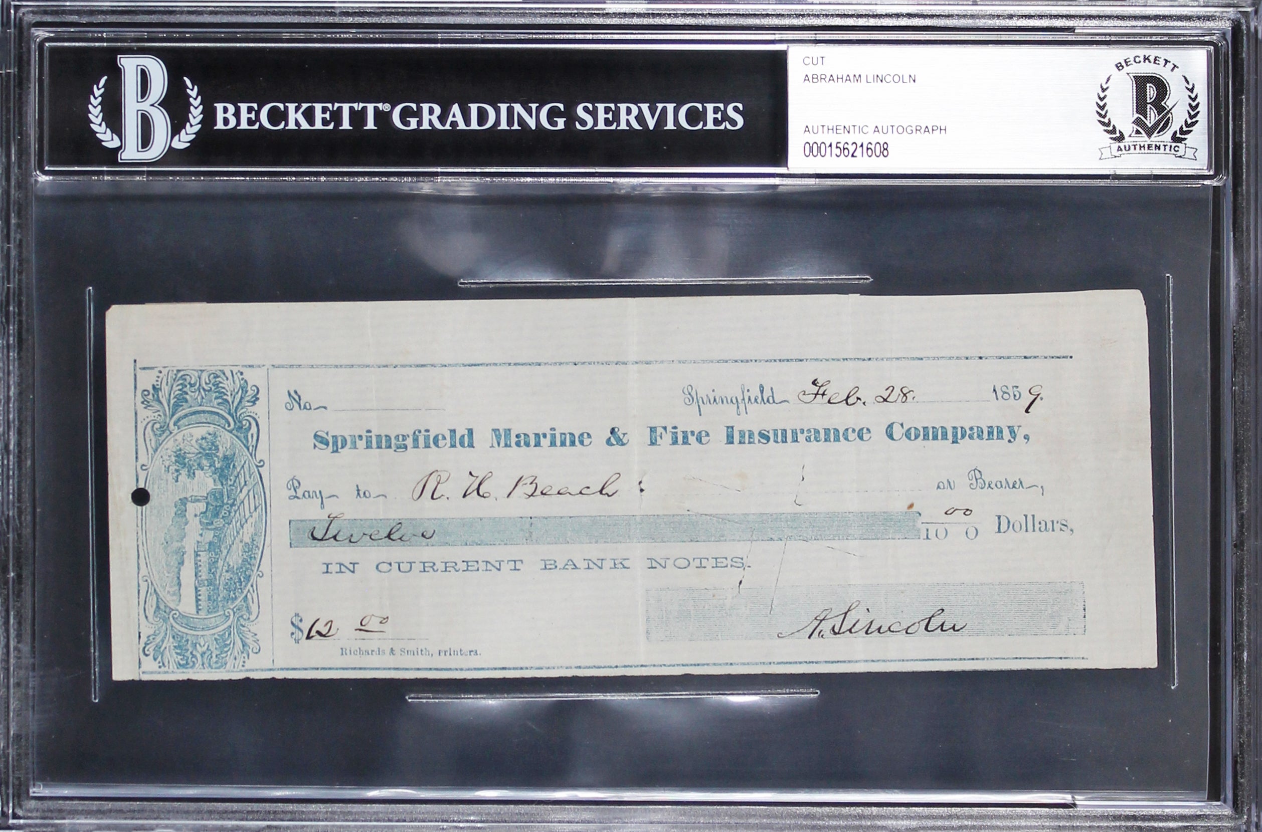 Abraham Lincoln Signed 2.75x7.5 1859 Springfield Marine & Fire Check BAS Slabbed