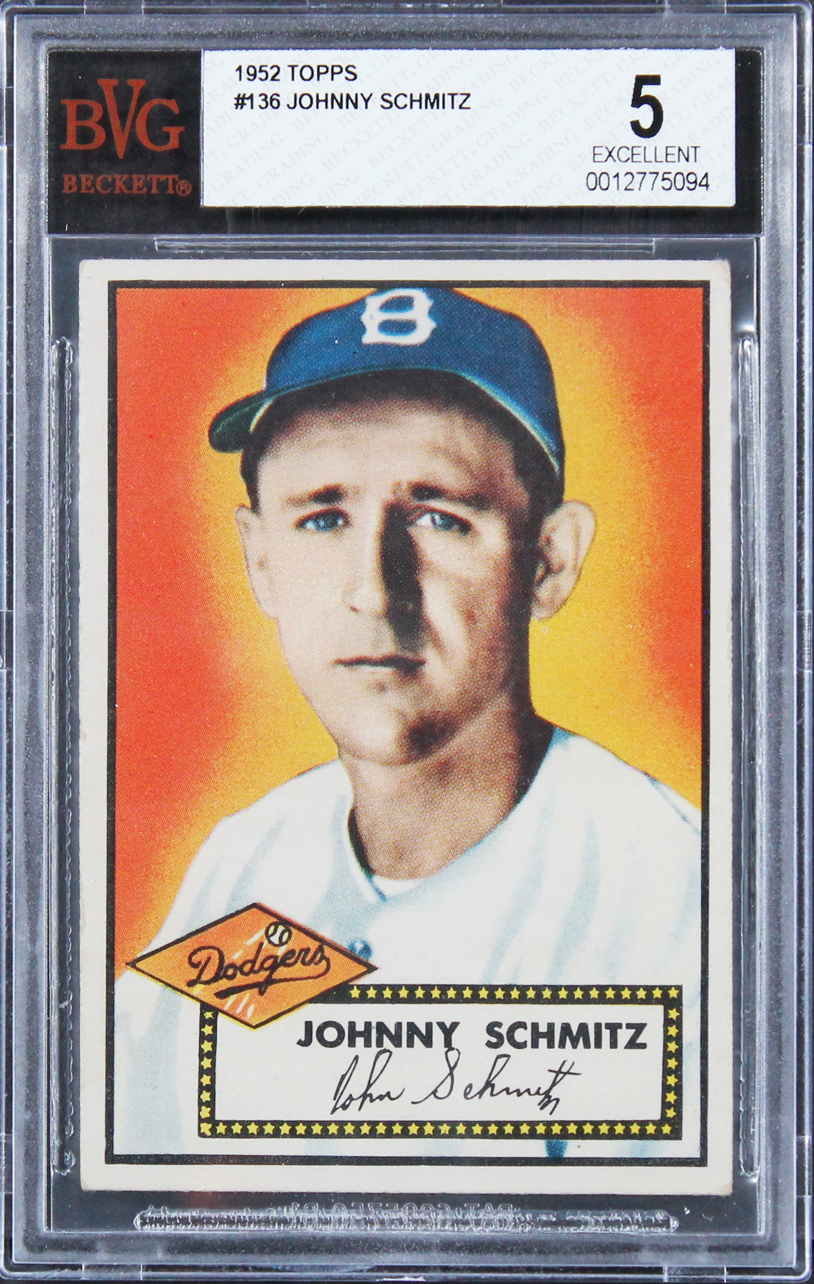 Dodgers Johnny Schmitz 1952 Topps #136 Card Graded Excellent 5 BGS Slabbed