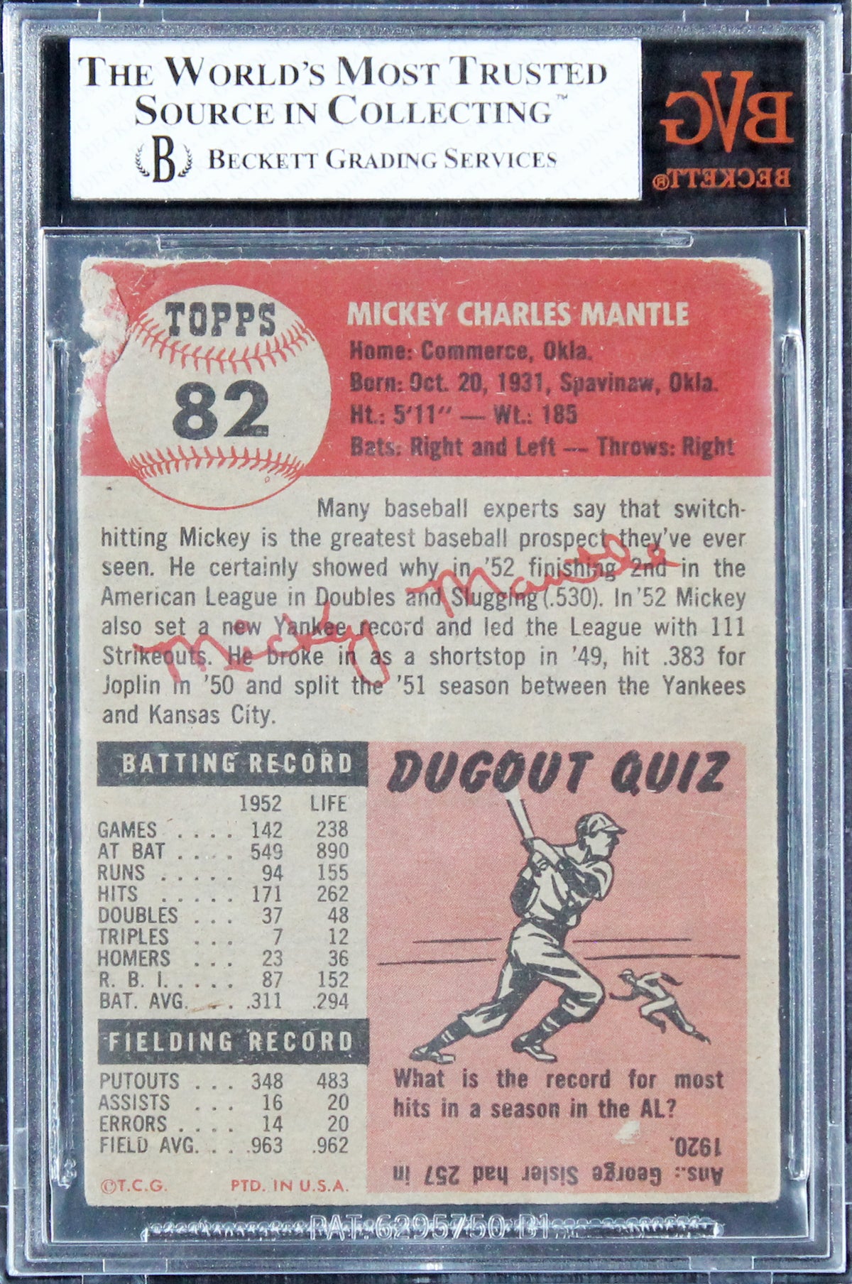 Yankees Mickey Mantle 1953 Topps #82 Card Graded Fair 1.5 BGS Slabbed