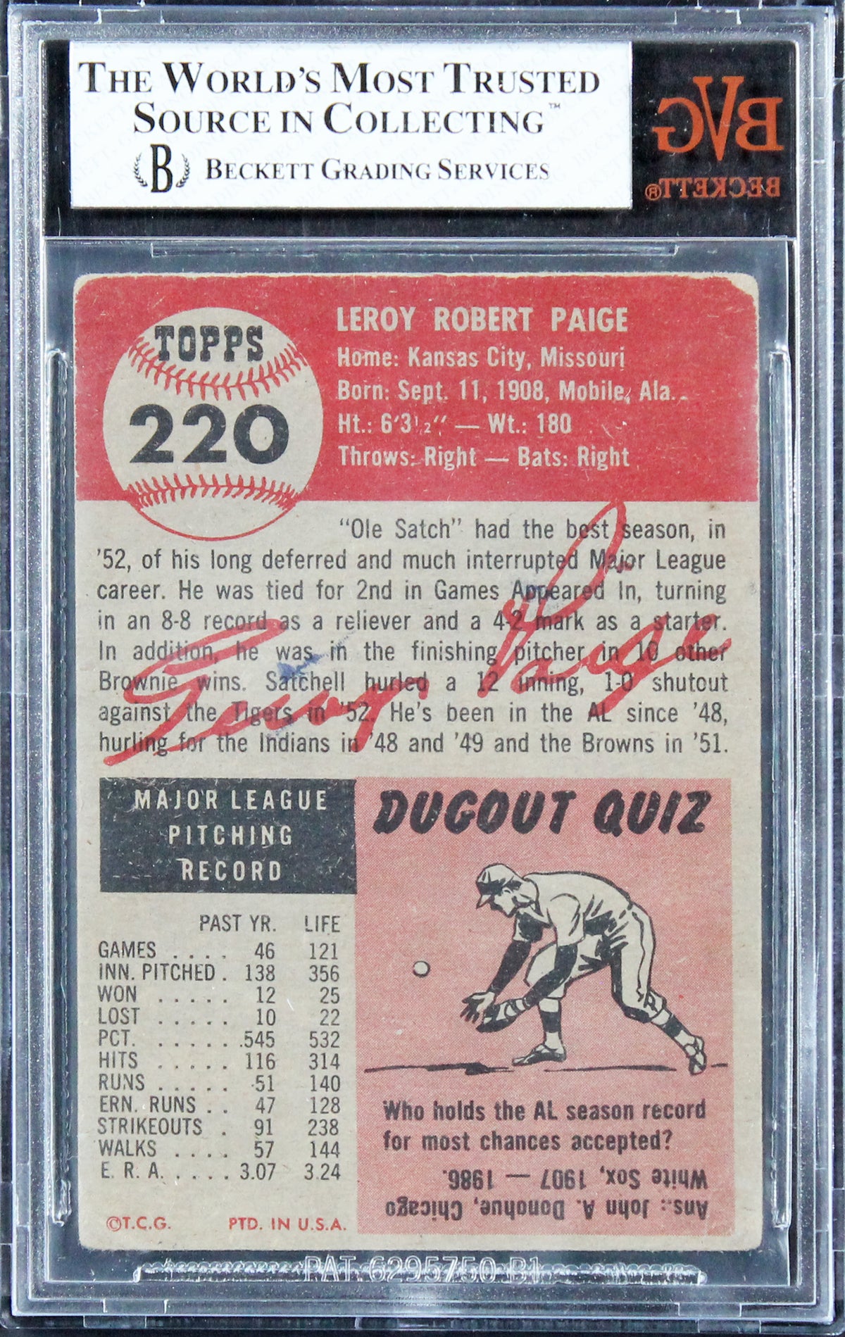 Browns Satchell Paige 1953 Topps #220 Card Graded Very Good 3 BGS Slabbed