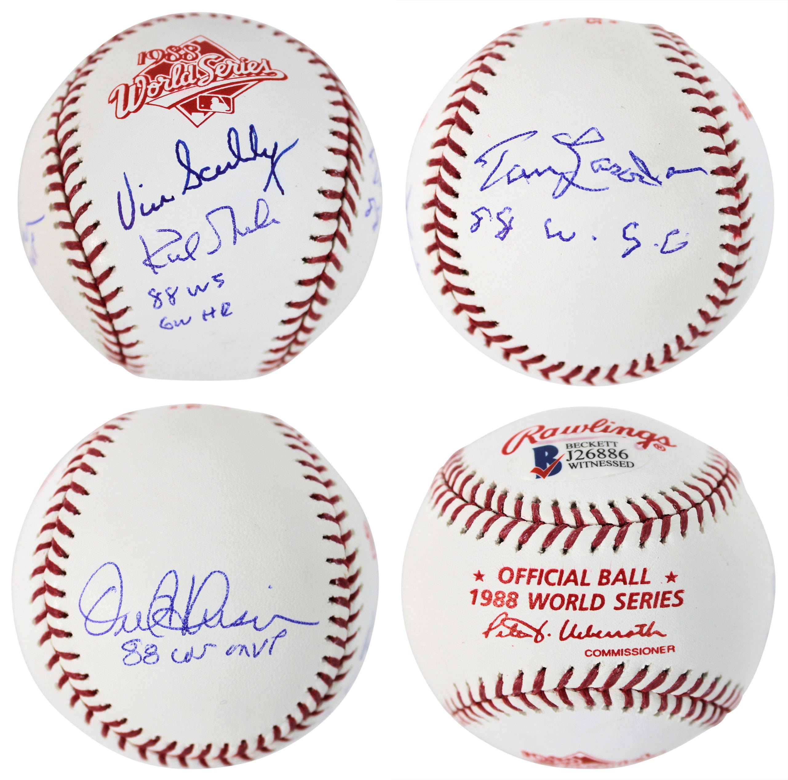 Dodgers (4) Scully, Hershiser, Lasorda & Gibson Signed 88 WS Logo Baseball BAS