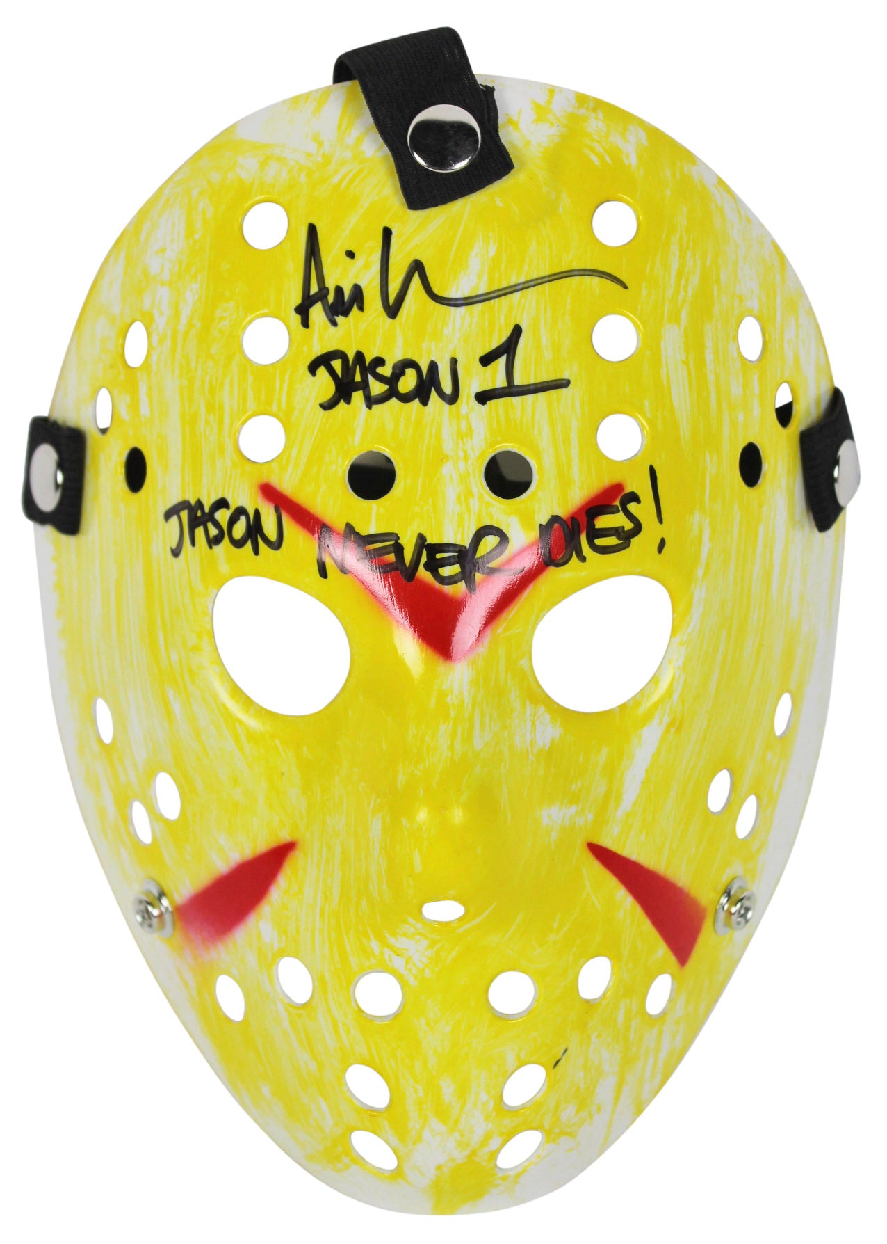 Ari Lehman Friday The 13th "Jason Never Dies!" Signed Yellow Jason Mask BAS