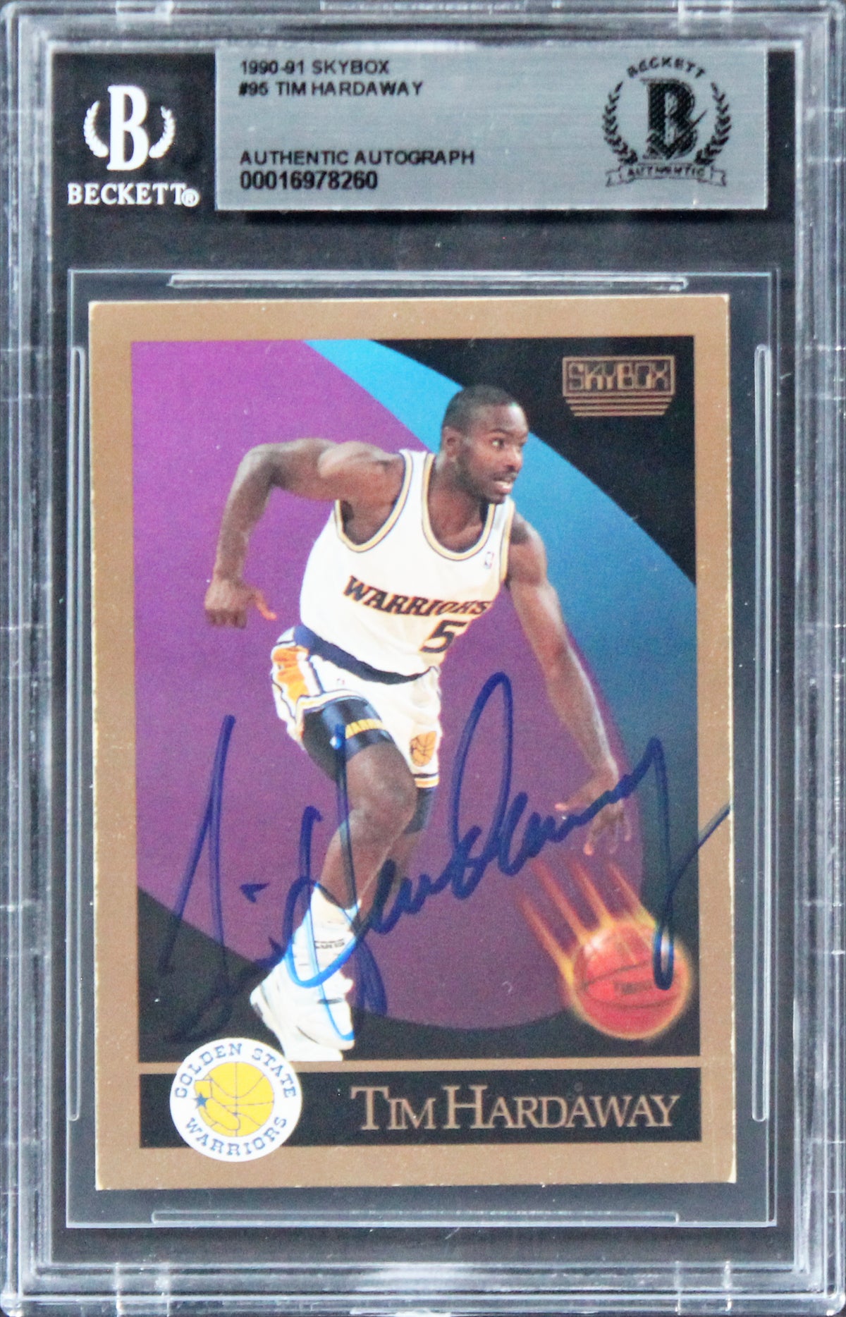Warriors Tim Hardaway Authentic Signed 1990 Skybox #95 Card BAS Slabbed