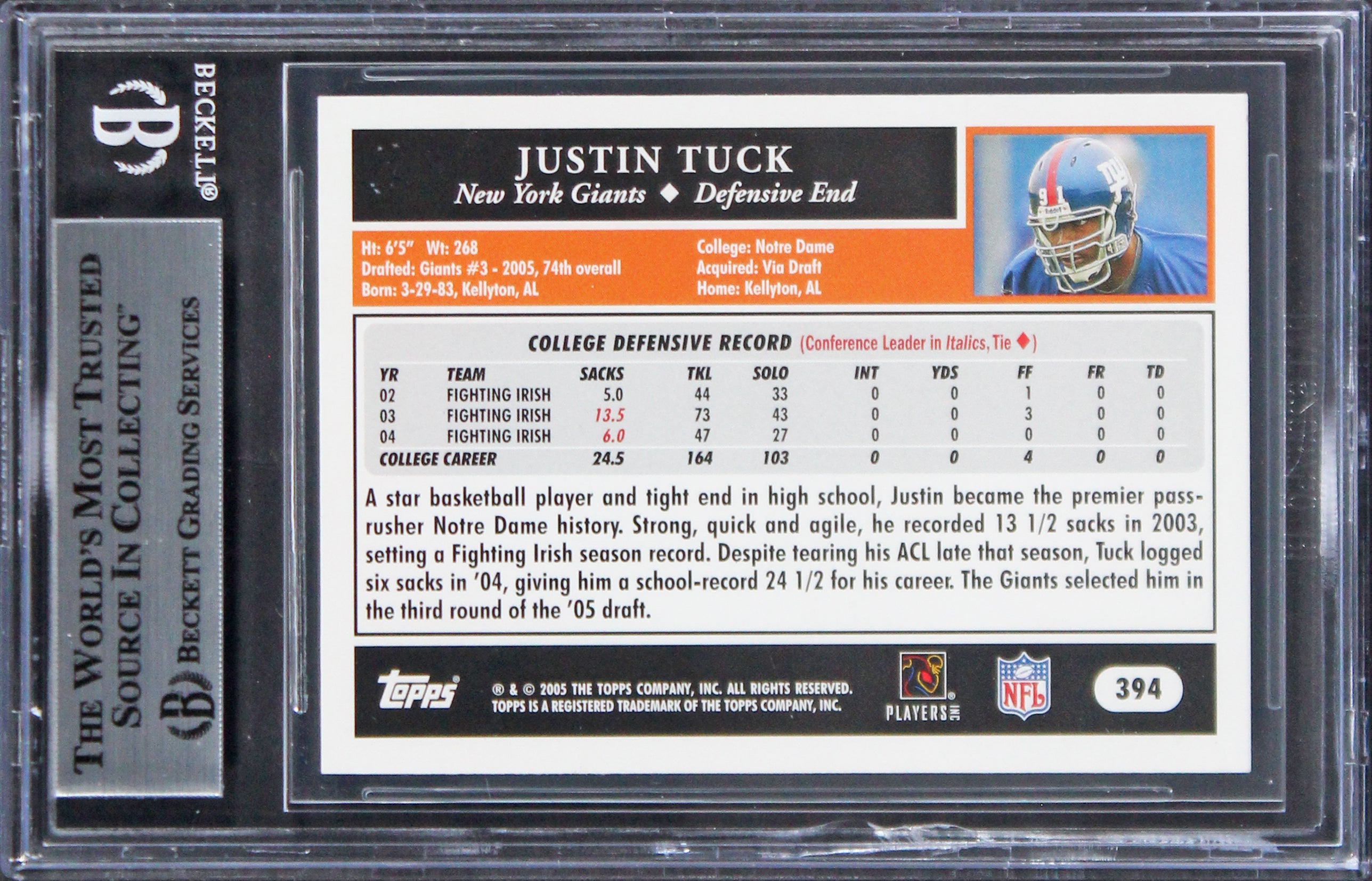 Giants Justin Tuck Authentic Signed 2005 Topps #394 Rookie Card BAS Slabbed