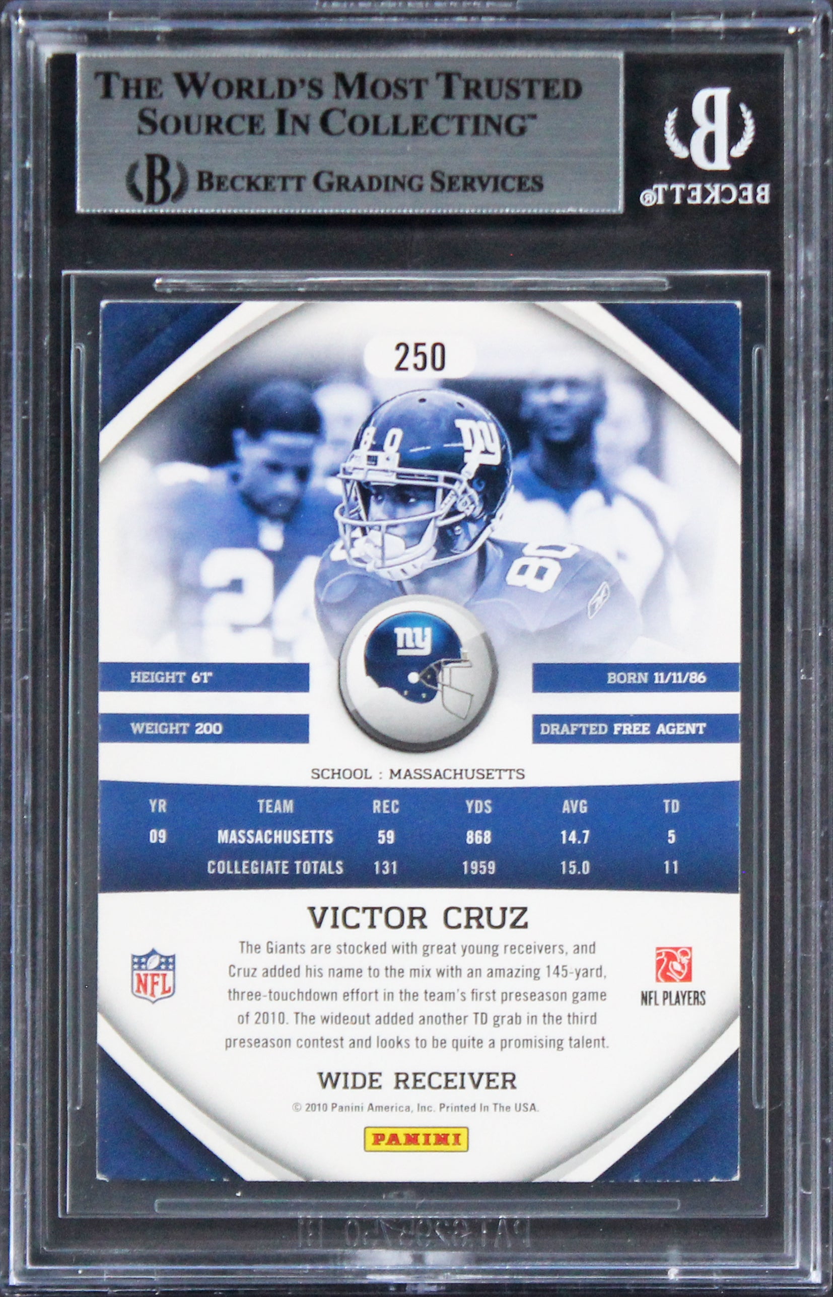Giants Victor Cruz Authentic Signed 2010 Gridiron Gear #250 Rookie Card BAS Slab