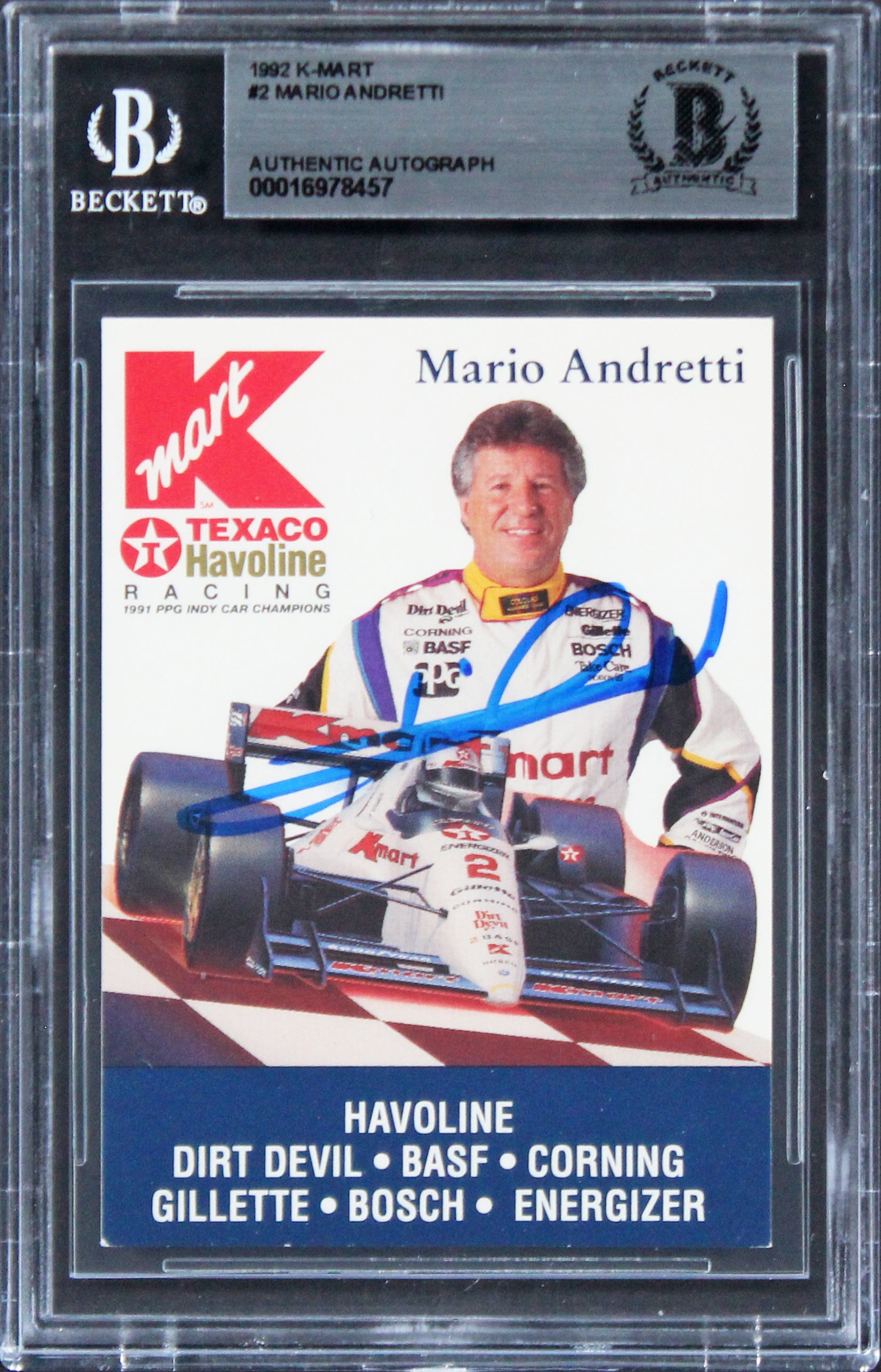 Mario Andretti NASCAR Authentic Signed 1992 K-Mart #2 Card Autographed BAS Slab