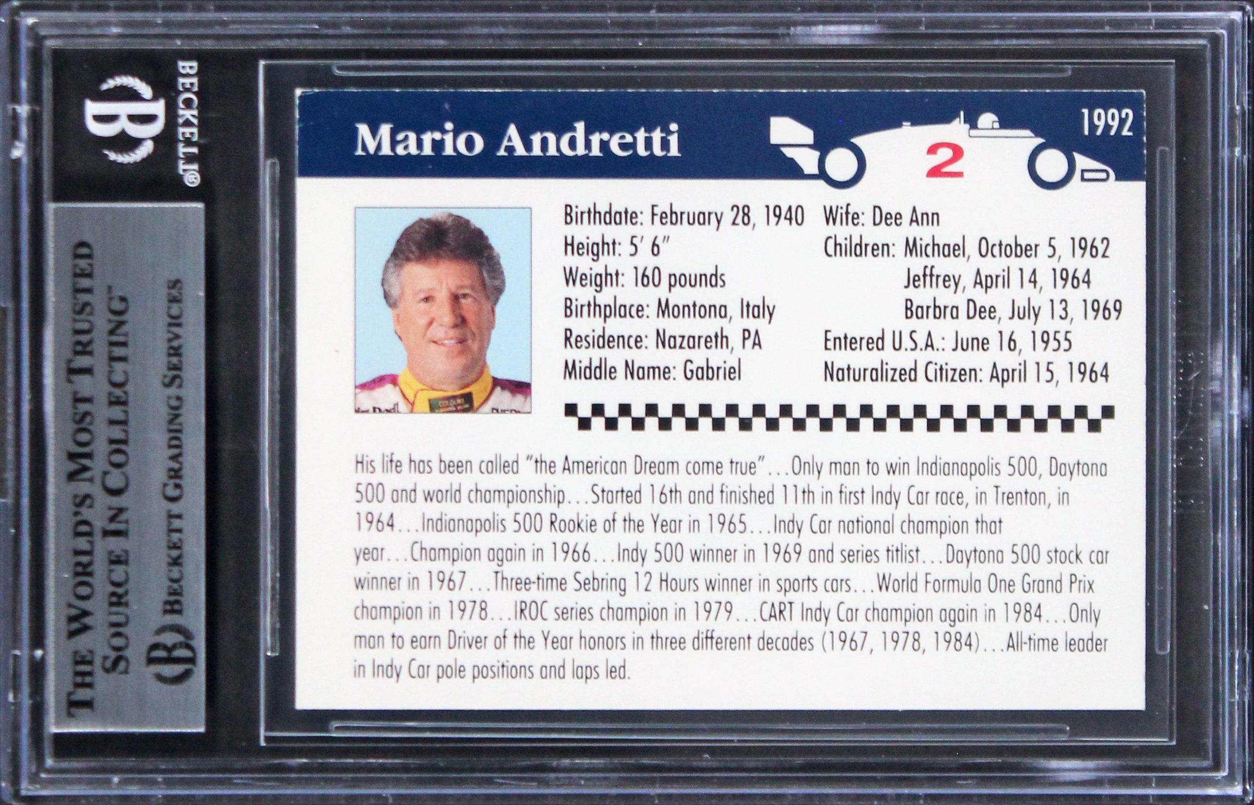 Mario Andretti NASCAR Authentic Signed 1992 K-Mart #2 Card Autographed BAS Slab