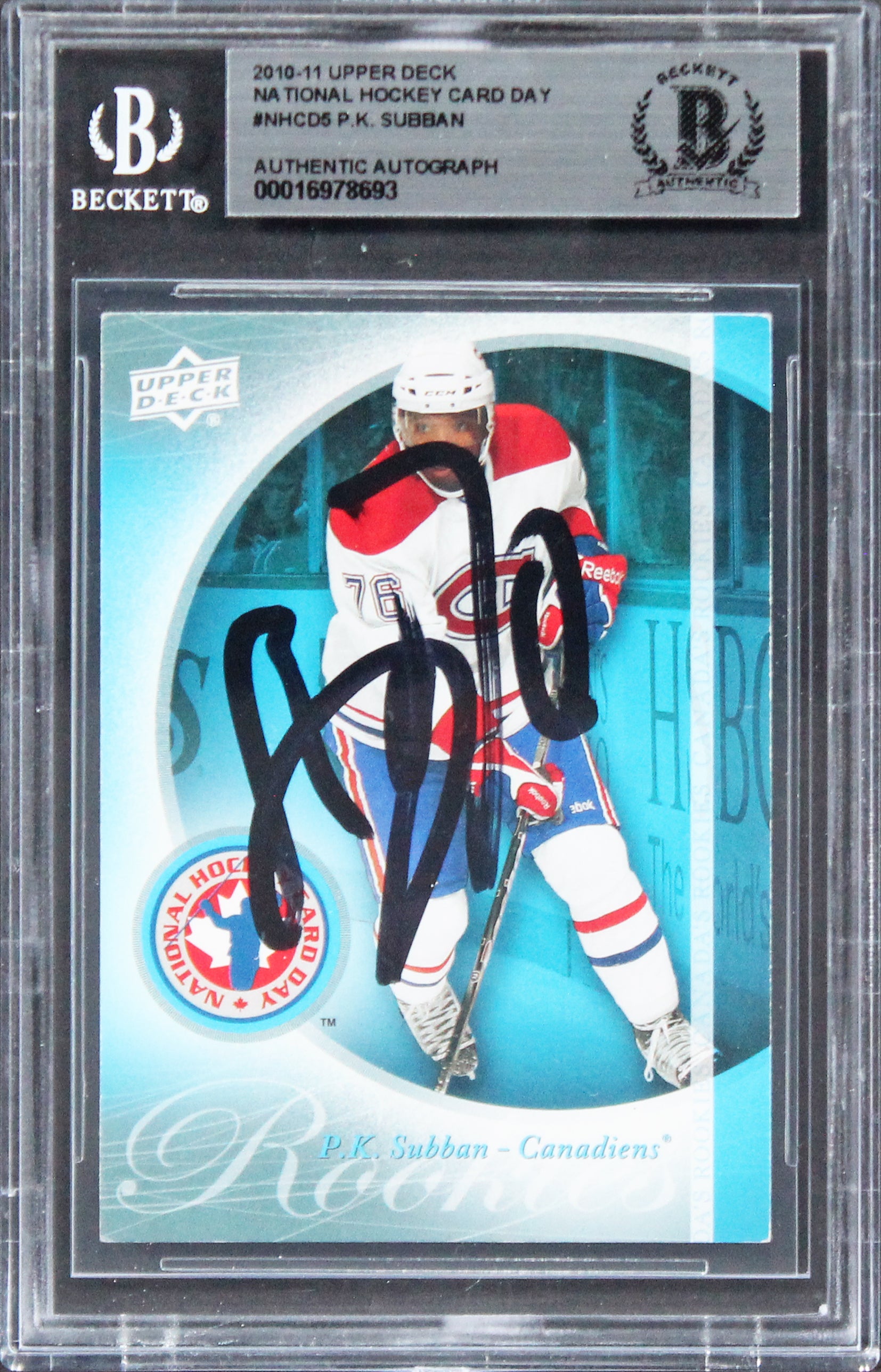 Canadiens P.K. Subban Signed 2010 Upper Deck NHCD #NHCD5 Card BAS Slabbed