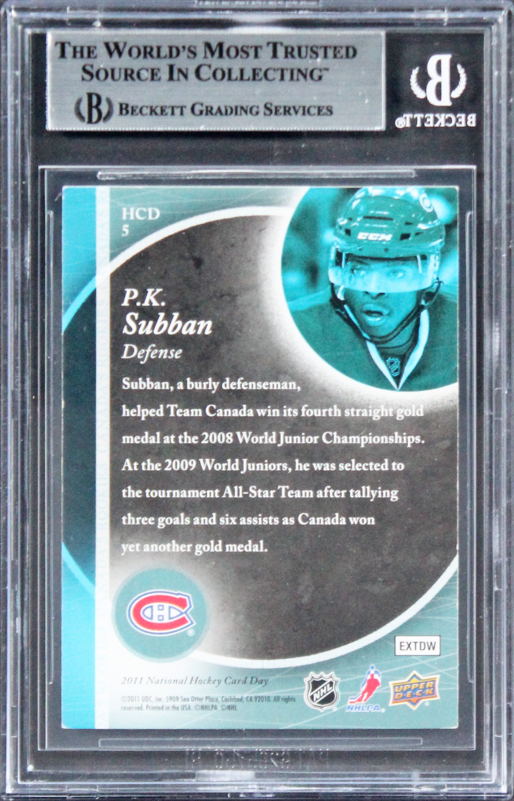 Canadiens P.K. Subban Signed 2010 Upper Deck NHCD #NHCD5 Card BAS Slabbed