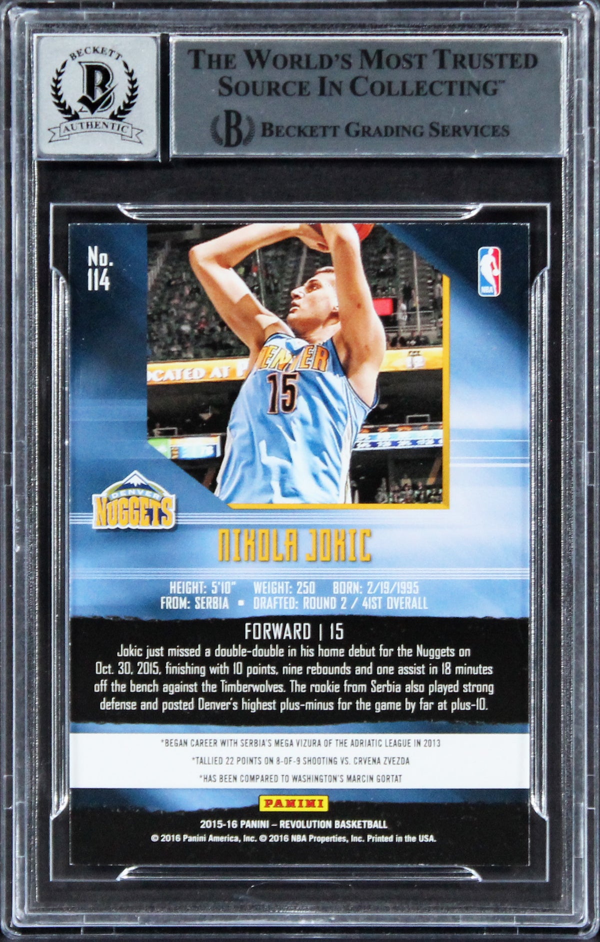 Nuggets Nikola Jokic Signed 2015 Panini Revolution #114 Card Auto 10 BAS Slabbed
