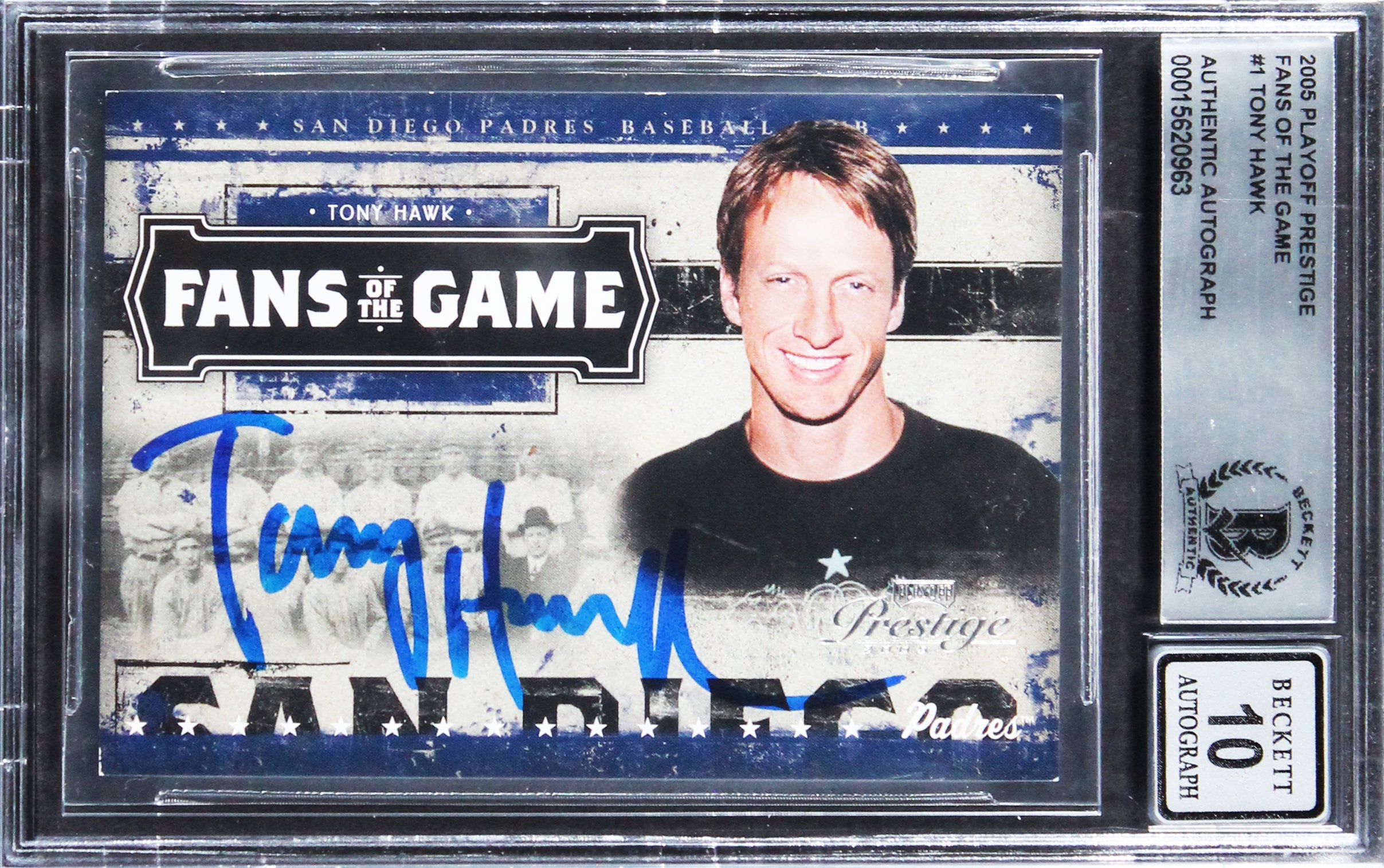 Tony Hawk Signed 2005 Playoff Prestige Fans of the Game #1 Card Auto 10 BAS Slab