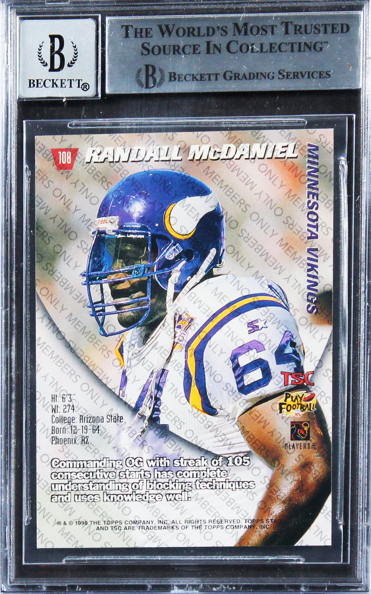Vikings Randall McDaniel Signed 1996 Stadium Club MO #108 Card Auto 10 BAS Slab
